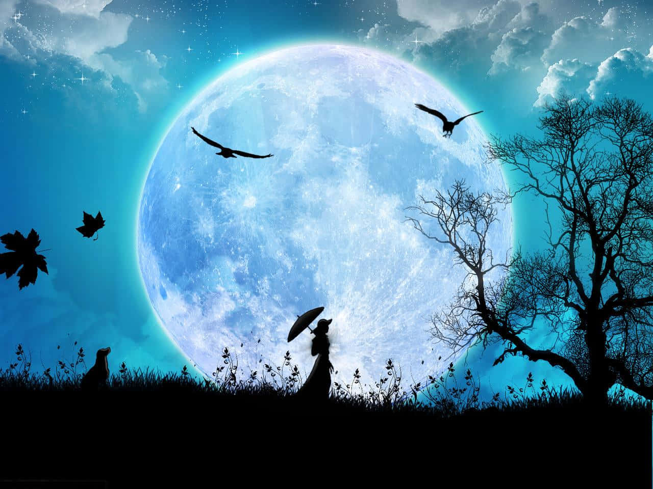 Moonlight 桌布 壁紙 — 一個孤獨的身影撐著雨傘，在巨大的藍色月亮下形成剪影，鳥兒和樹葉在星光燦爛的暮色天空中飄蕩。