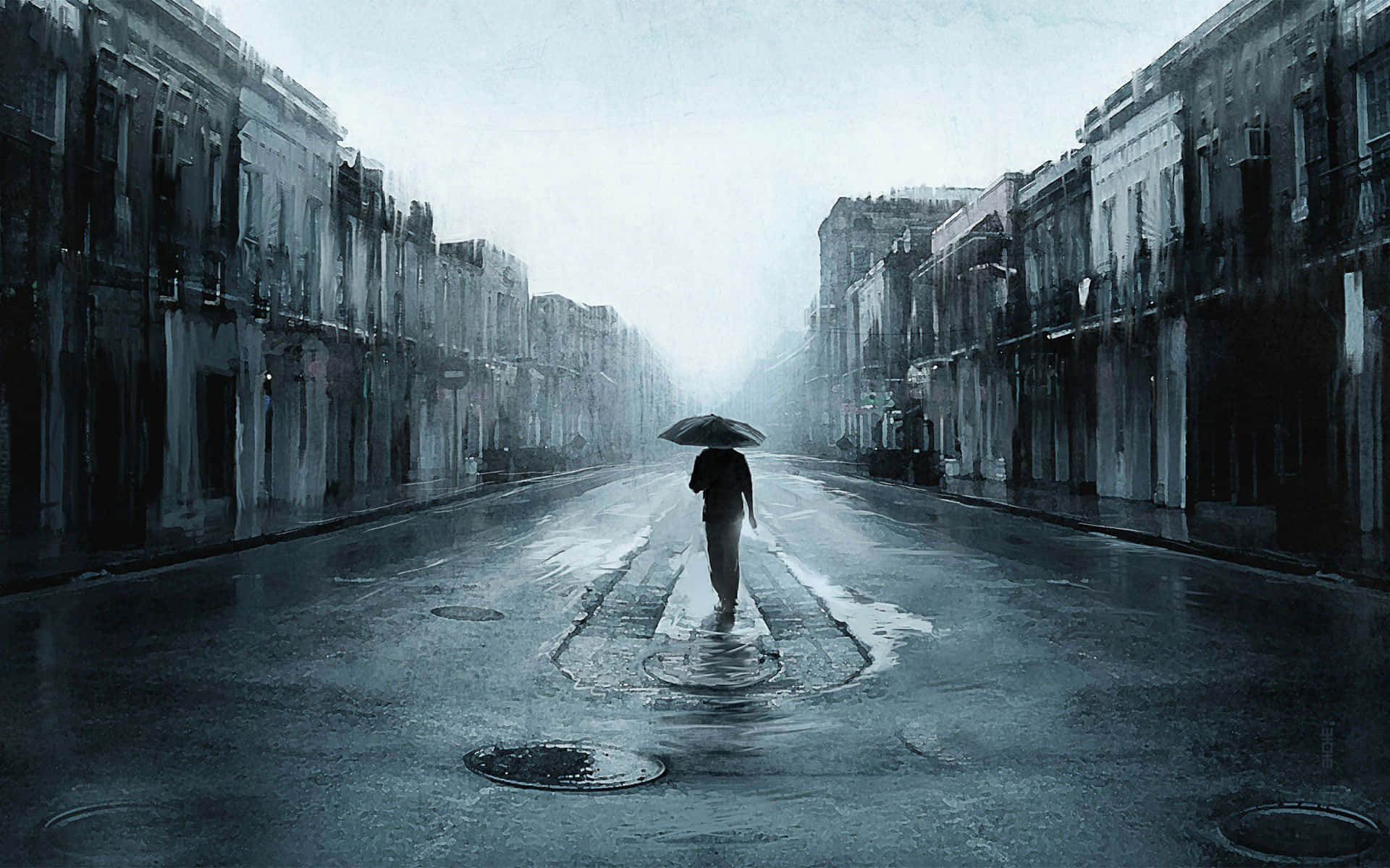Alone 桌布 壁紙 — 一個孤獨的身影撐著雨傘，在灰濛濛的天空下，沿著兩旁高樓大廈的濕滑城市街道行走。