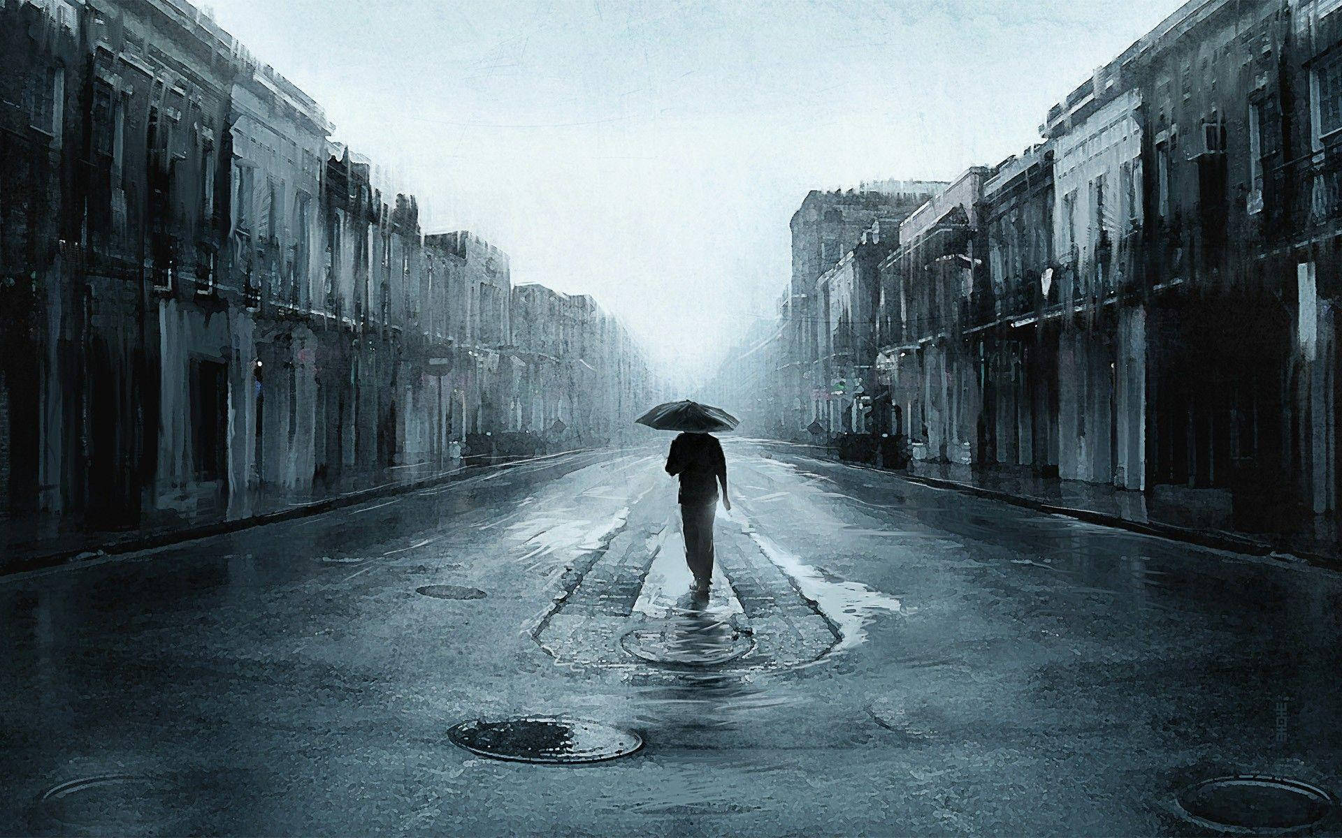 Sad Depressing 桌布 壁紙 — 一個孤獨的身影撐著雨傘，在灰色天空下，沿著兩旁高樓大廈、被雨水打濕的城市街道行走。