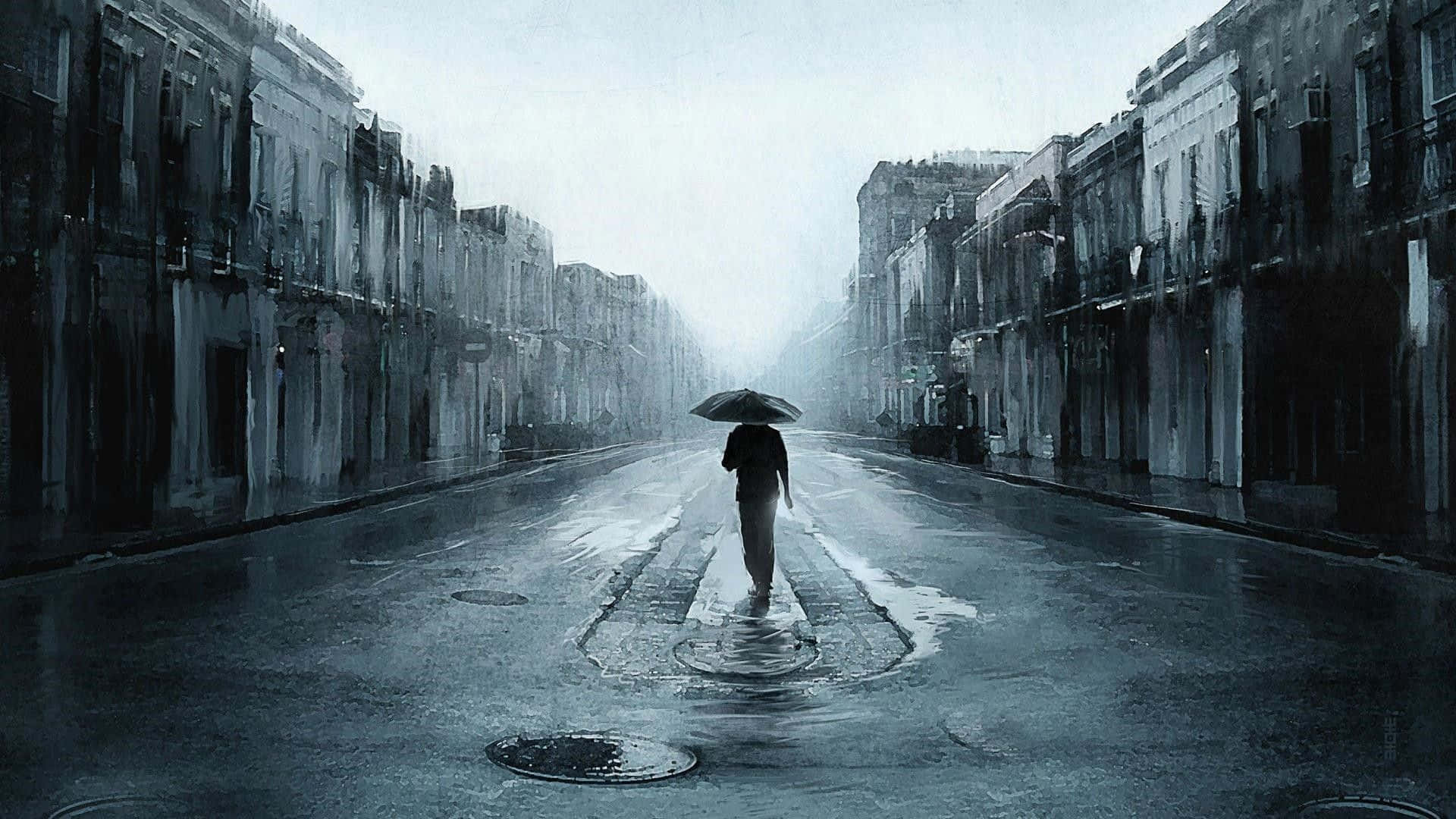 Alone 桌布 壁紙 — 一個孤獨的身影撐著雨傘，在灰色天空下走過一條濕漉漉、空無一人的城市街道。