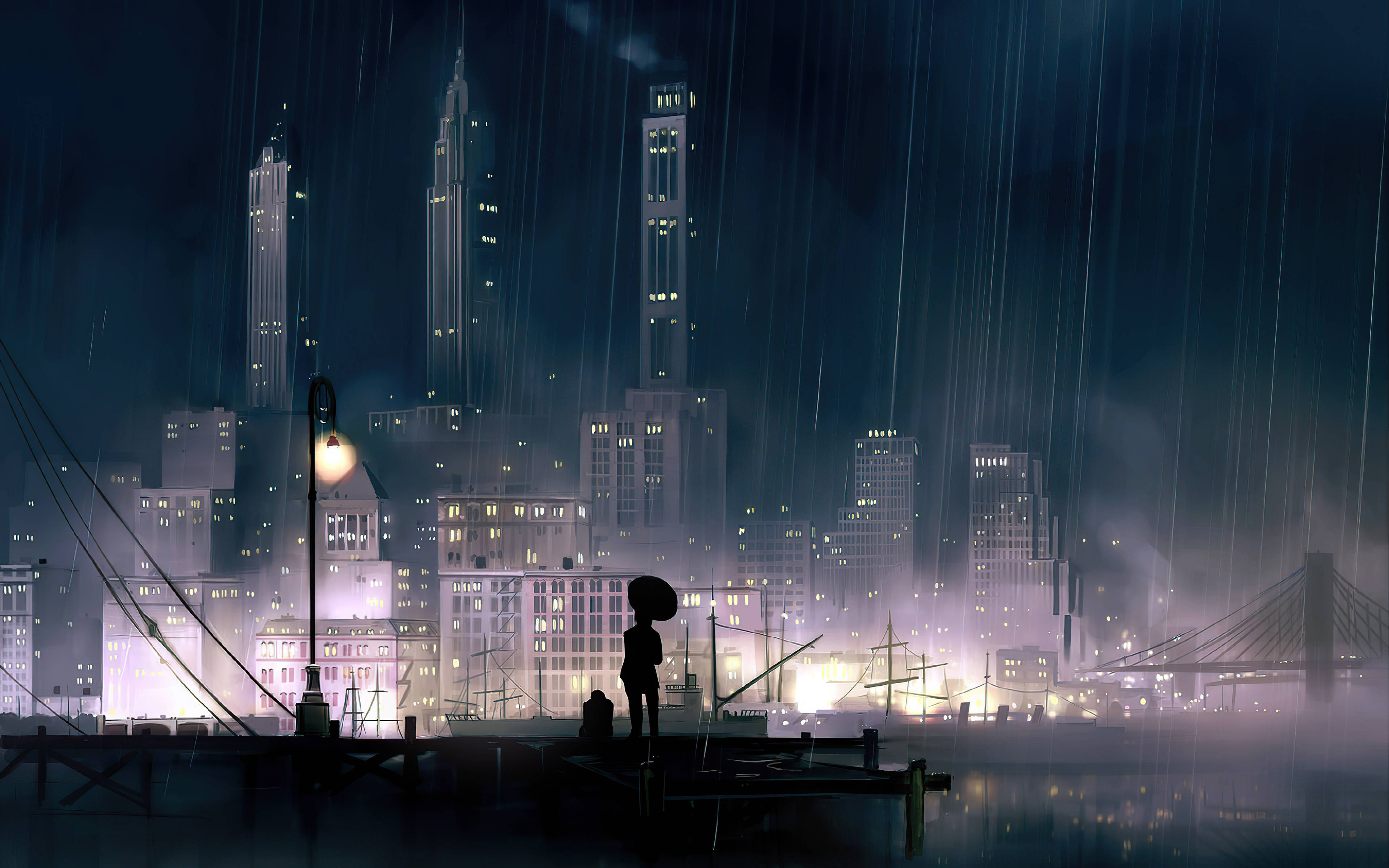 動漫 桌布 壁紙 — 一個孤獨的身影撐著雨傘，夜晚站在被雨水打濕的碼頭上，在霧氣中高聳的摩天大樓和橋樑的輝煌城市天際線襯托下形成剪影。