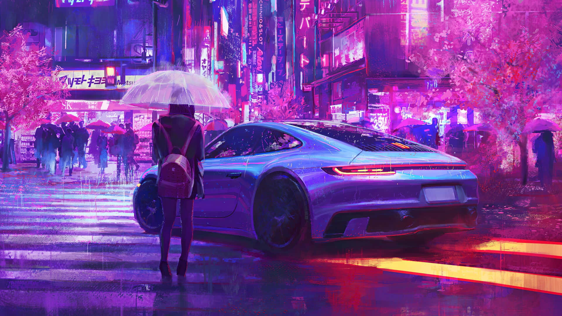 lofi 桌布 壁紙 — 一個孤獨的身影撐著雨傘，站在一輛時尚的藍色跑車旁邊，在霓虹燈下，處於下雨的賽博朋克城市景觀中。