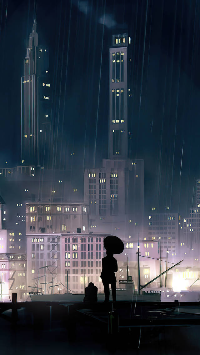 Anime Night City 桌布 壁紙 — 一個孤獨的身影撐著雨傘，站在下雨的屋頂上，俯瞰著夜晚閃爍的城市景觀。