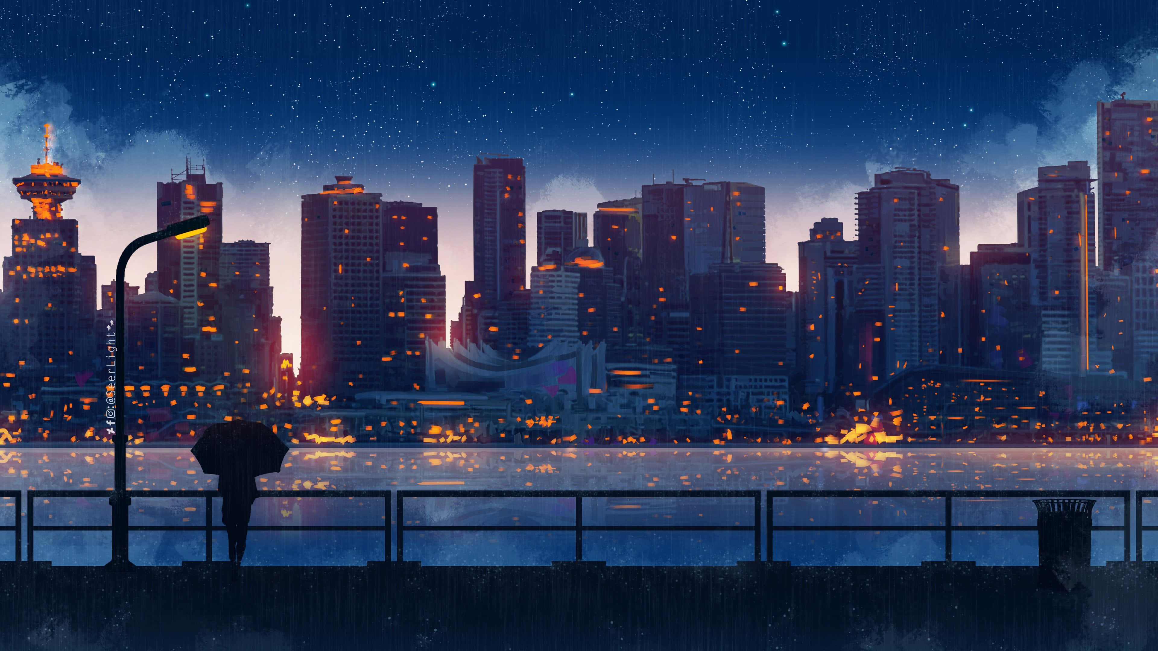 夜景城市 桌布 壁紙 — 一個孤獨的身影撐著雨傘，站在海濱碼頭上，在繁星點點的夜空下，凝視著雨濕水面上倒映的發光城市景觀。