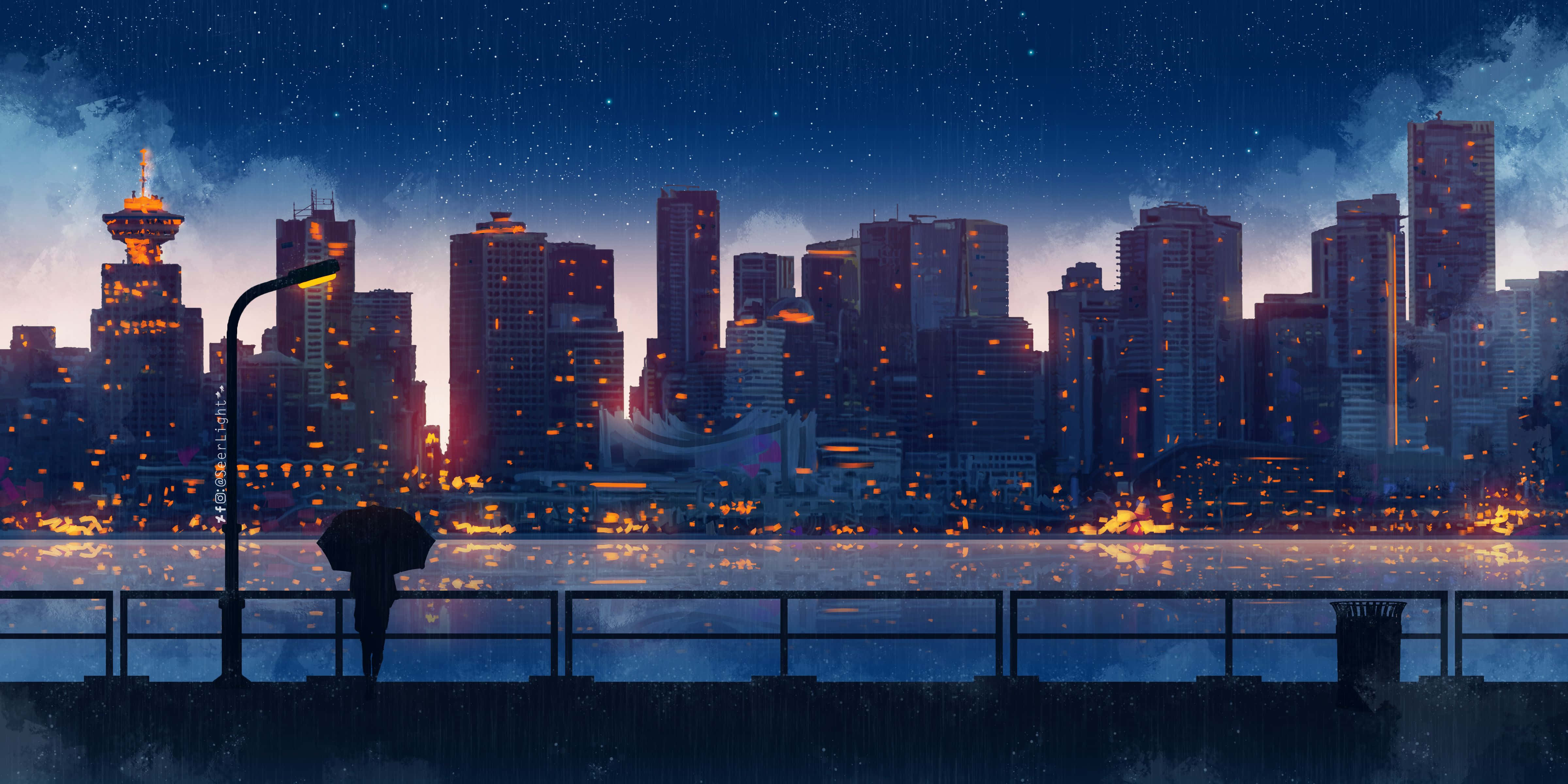 Aesthetic Anime City 桌布 壁紙 — 一個孤獨的身影撐著雨傘，站在海濱碼頭上，在繁星點點的夜空下，凝視著平靜水面上倒映的發光城市景觀。