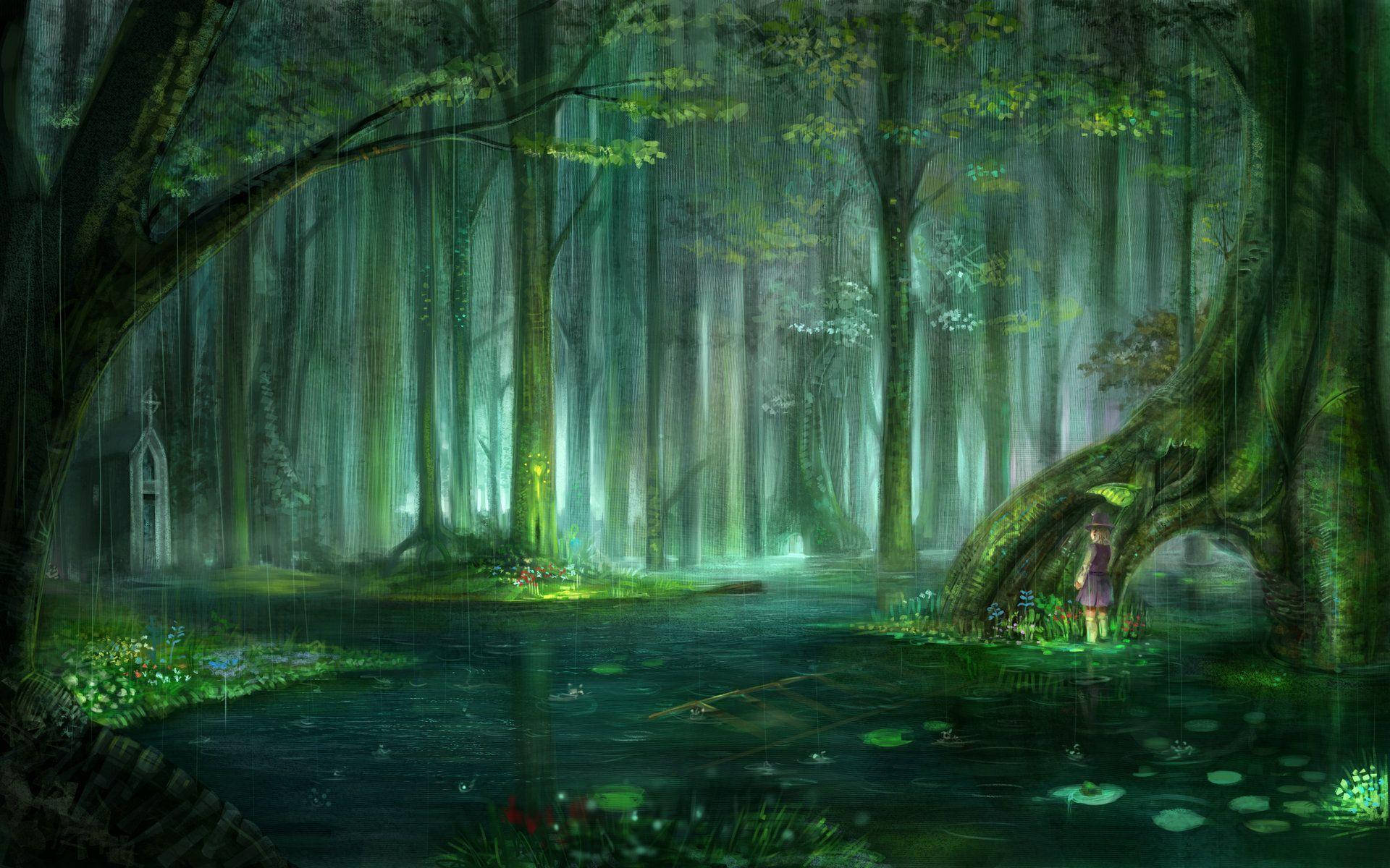 Mystical Forest 桌布 壁紙 — 一個孤獨的身影撐著雨傘，站在長滿青苔的樹下，身處神秘而散發著空靈光芒的綠色森林中。