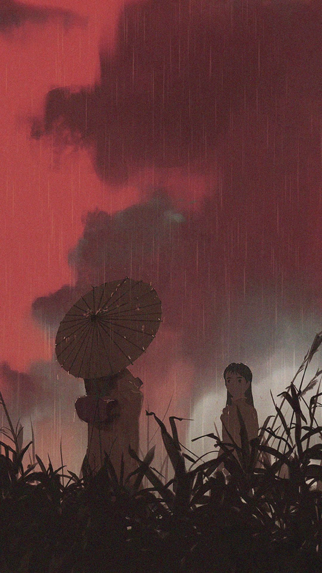 Red Anime 桌布 壁紙 — 一個孤獨的身影撐著雨傘，站在高高的草叢中，天空是戲劇性的紅色暴風雨，雨水落下。