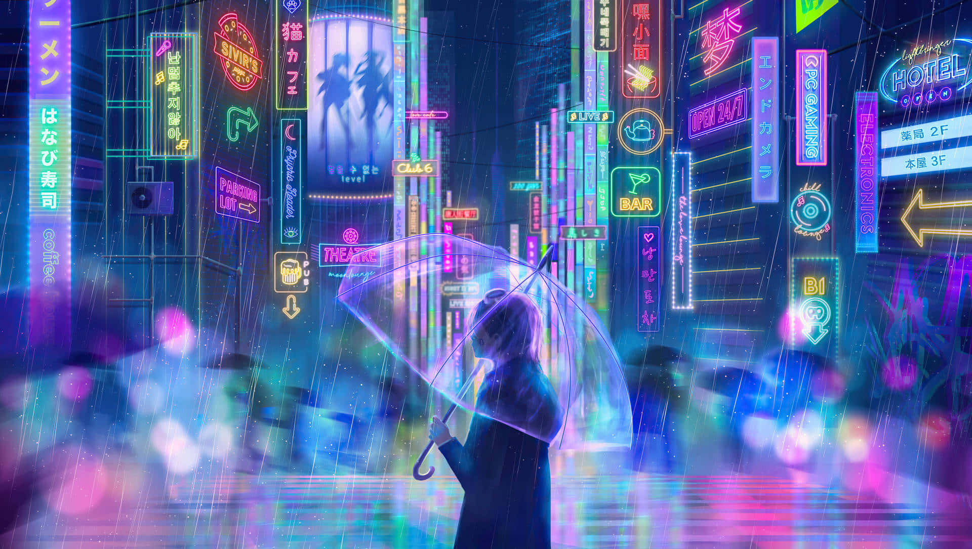Neon City Aesthetic 桌布 壁紙 — 一個孤獨的身影撐著雨傘，走過被雨水浸濕、霓虹燈閃爍的賽博龐克城市景觀，充滿鮮豔的招牌。