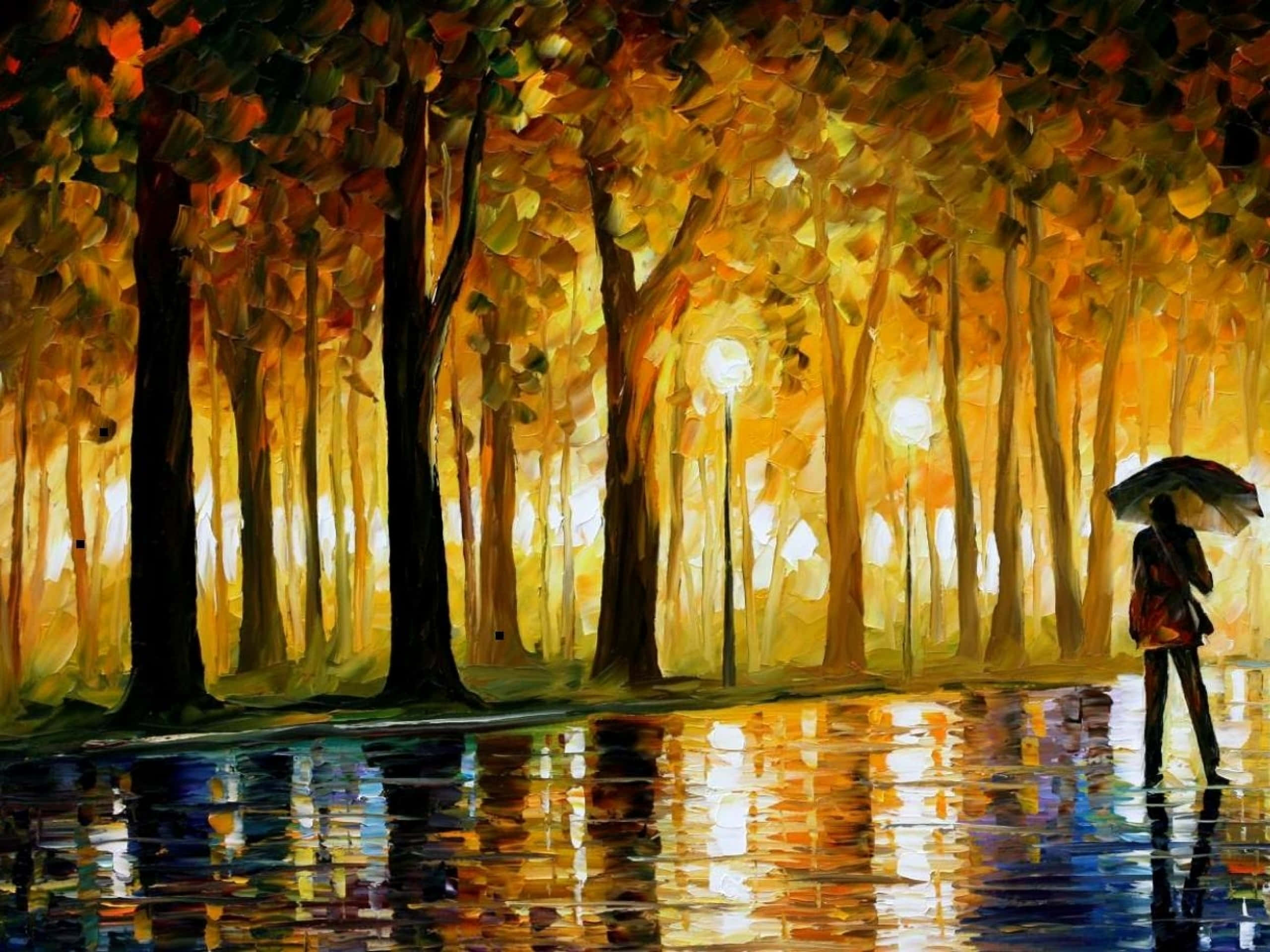 Oil Painting 桌布 壁紙 — 一個孤獨的身影撐著雨傘，走過被雨水浸濕的秋日森林，森林閃耀著金色的光芒和生動的倒影。