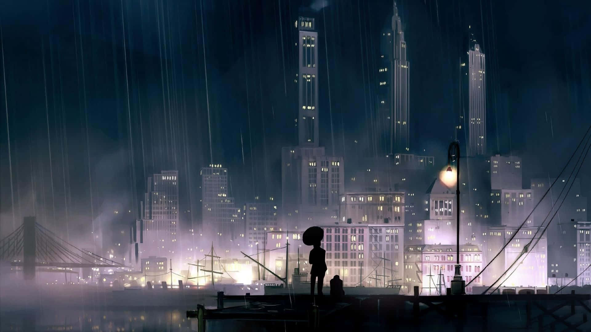 桌布 壁紙 — 一個孤獨的身影撐著雨傘站在被雨水打濕的碼頭上，凝視著黑暗暴風雨夜晚下閃爍的城市天際線。
