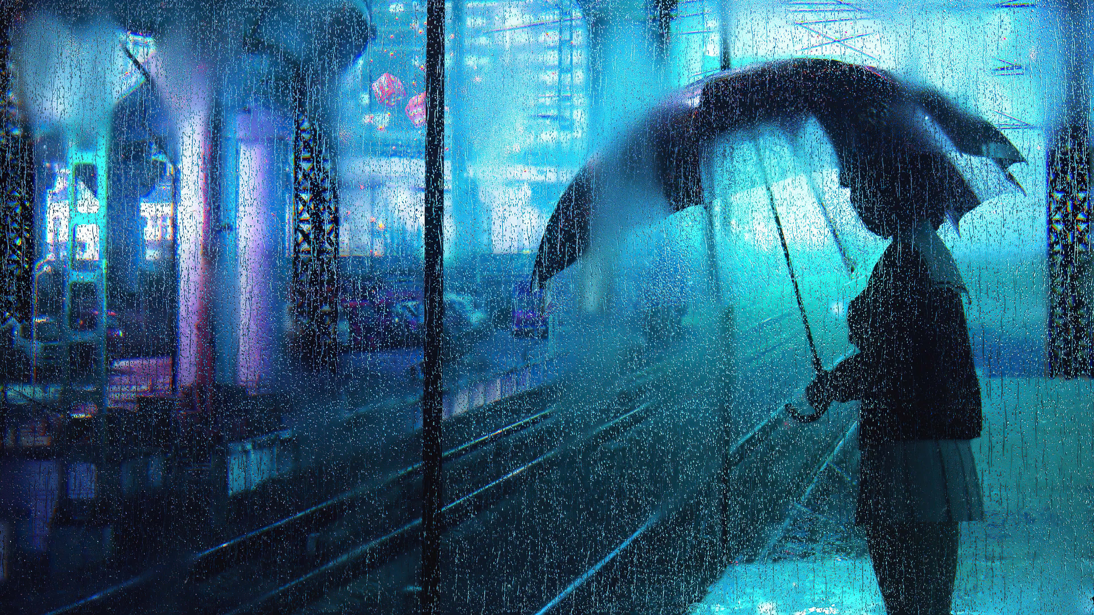 Rain 4K 桌布 壁紙 — 一個孤獨的身影撐著雨傘站在雨中，透過濺滿雨水的窗戶，以霓虹燈照亮的城市街道為背景形成剪影。
