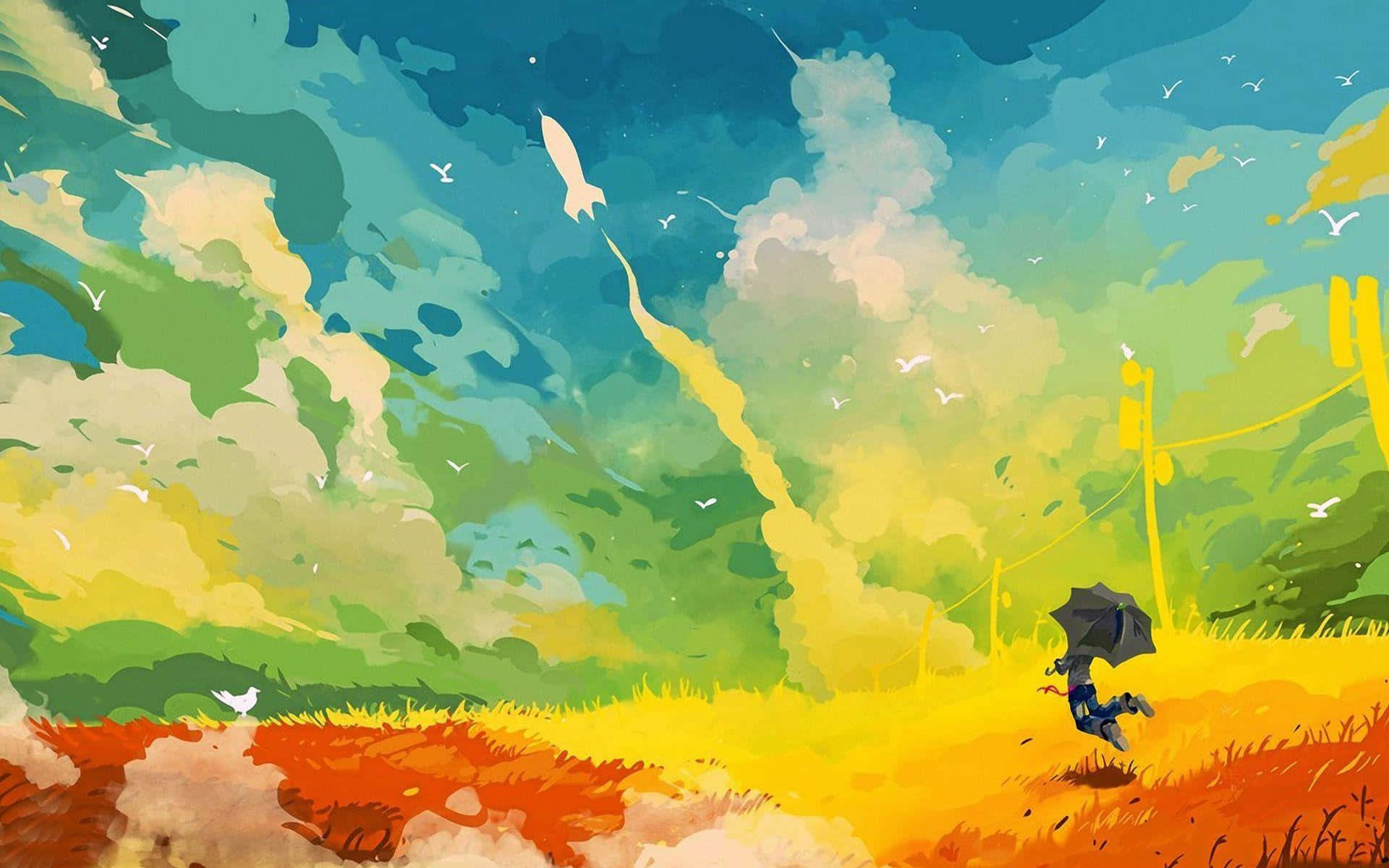 Yellow Painting 桌布 壁紙 — 一個孤獨的身影撐著雨傘跑過充滿活力的田野，同時一枚火箭發射到佈滿鳥兒的多彩天空中。