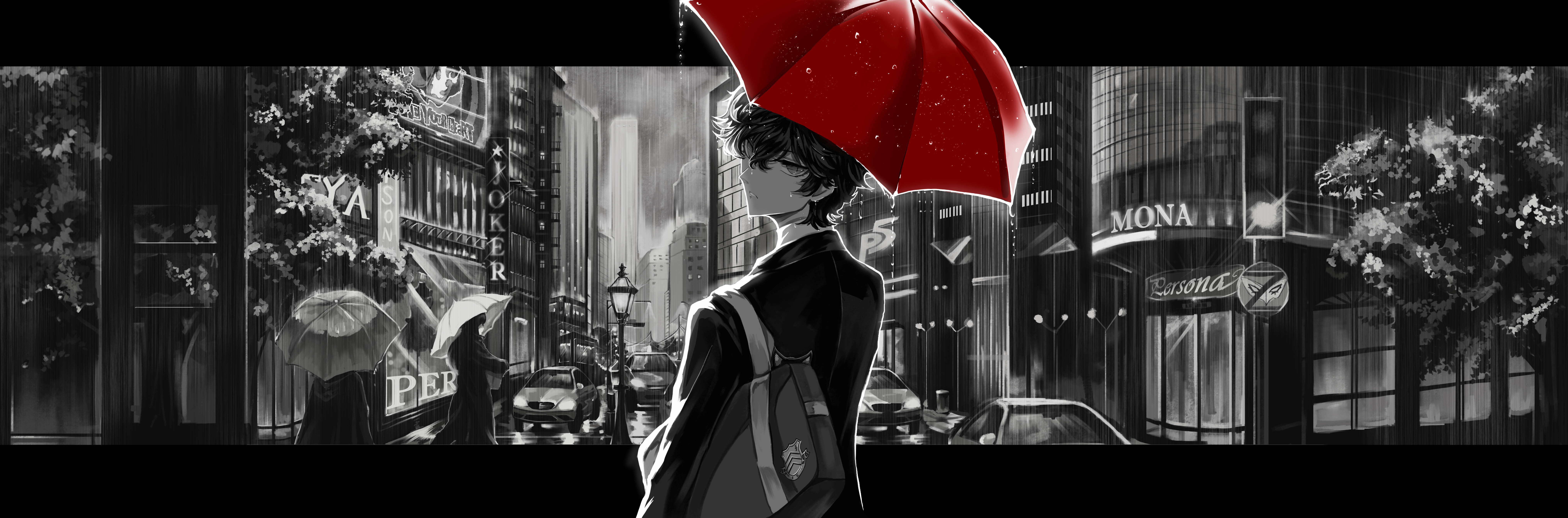 ren amamiya 桌布 壁紙 — 一個孤獨的身影撐著鮮紅色的雨傘，走過下雨的單色城市街道，周圍是模糊的行人和發光的商店櫥窗。