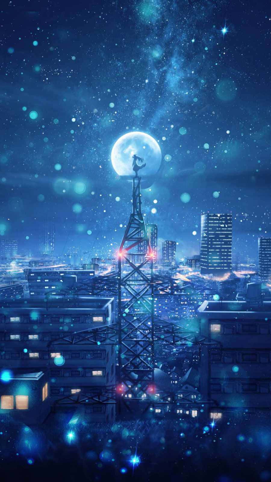 東京 桌布 壁紙 — 一個孤獨的身影棲息在塔頂，背景是繁星點點的夜空，一輪發光的月亮高懸在未來主義的城市景觀之上。