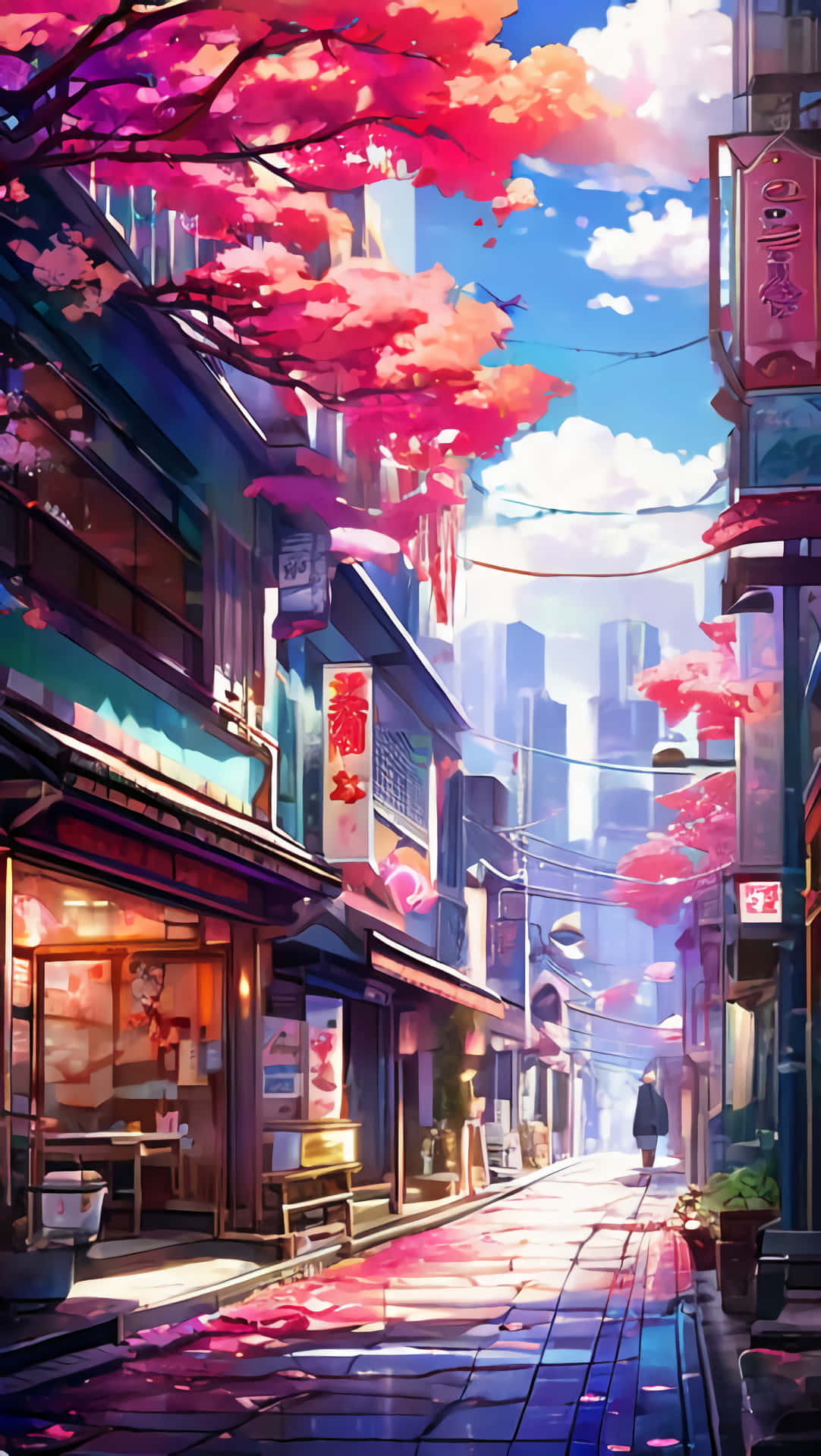 anime city Japan 壁紙 — 一個孤獨的身影沿著一條狹窄的街道行走，街道兩旁是傳統的日本建築和鮮豔的粉紅色櫻花，在明亮的藍天下。