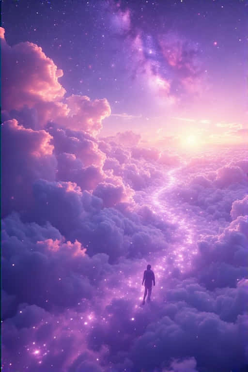 Starlit Journey Walking the Cloud Path 壁紙 — 一個孤獨的身影沿著一條發光的星光小徑，穿過蓬鬆的紫色和粉紅色雲朵，走向宇宙天空中燦爛的太陽。