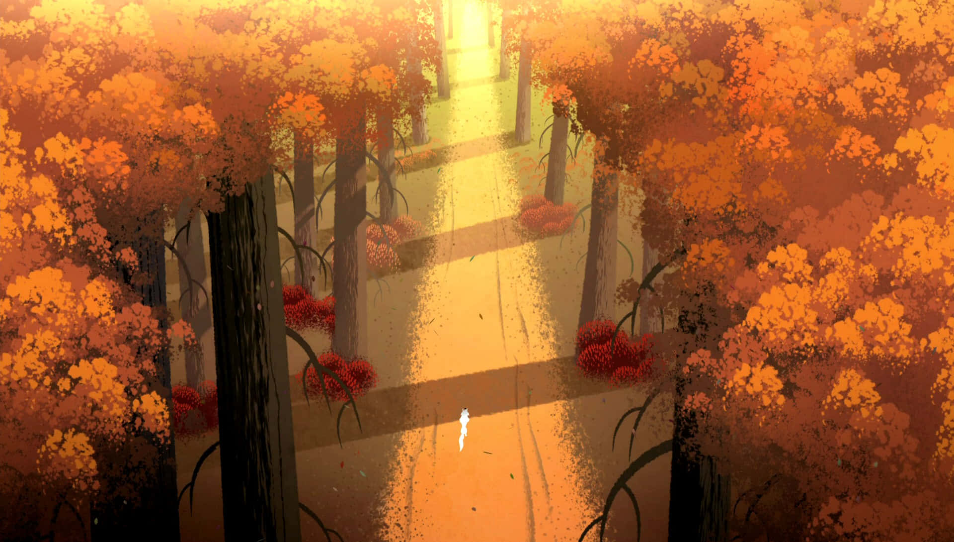 samurai jack 桌布 壁紙 — 一個孤獨的身影沿著一條陽光普照的小徑，穿過一片茂密、火紅橙色的秋日樹林。