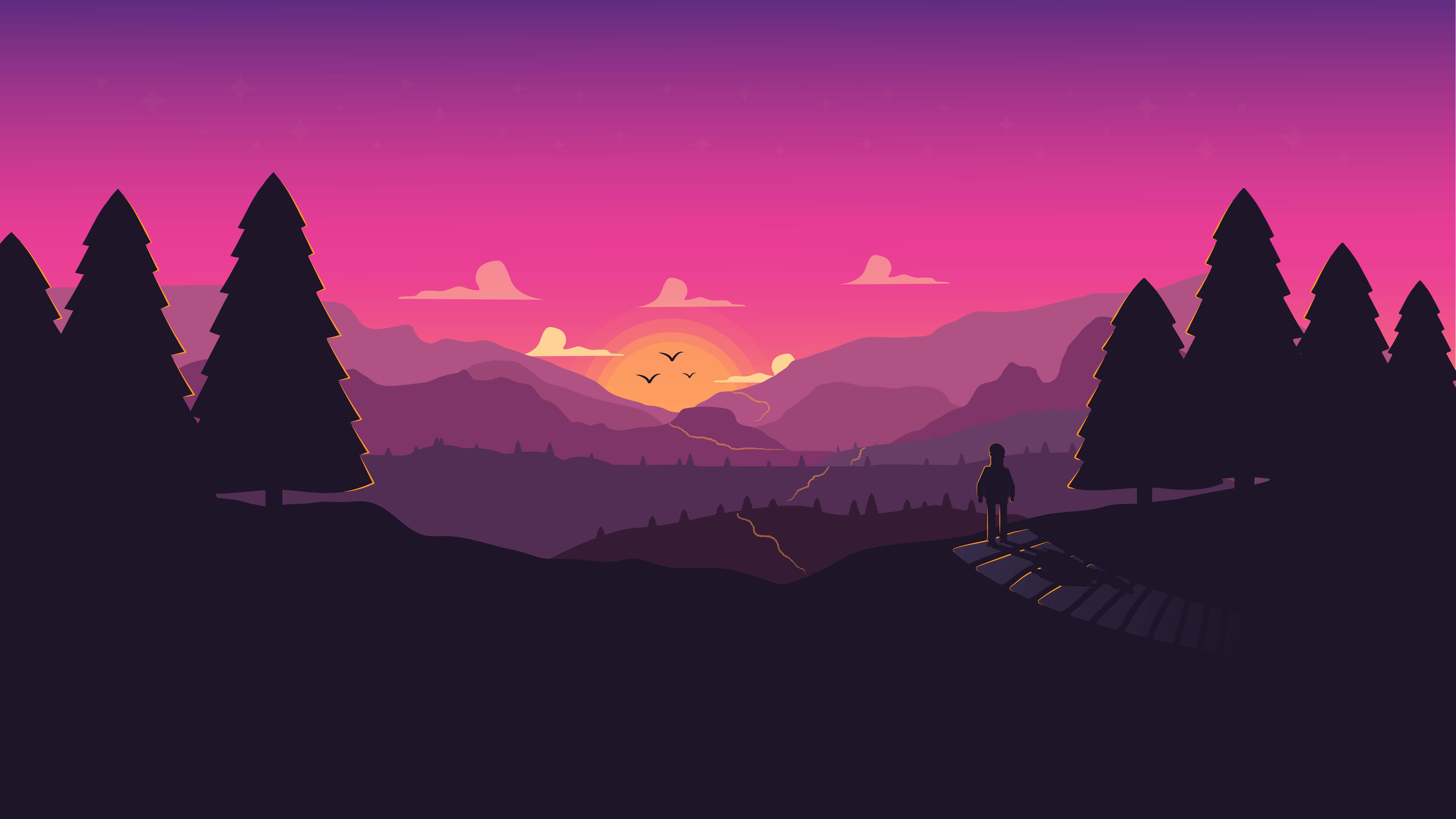 vector 桌布 壁紙 — 一個孤獨的身影沿著木棧道穿過黑暗的松樹，走向遠山上方發光的紫色日落。