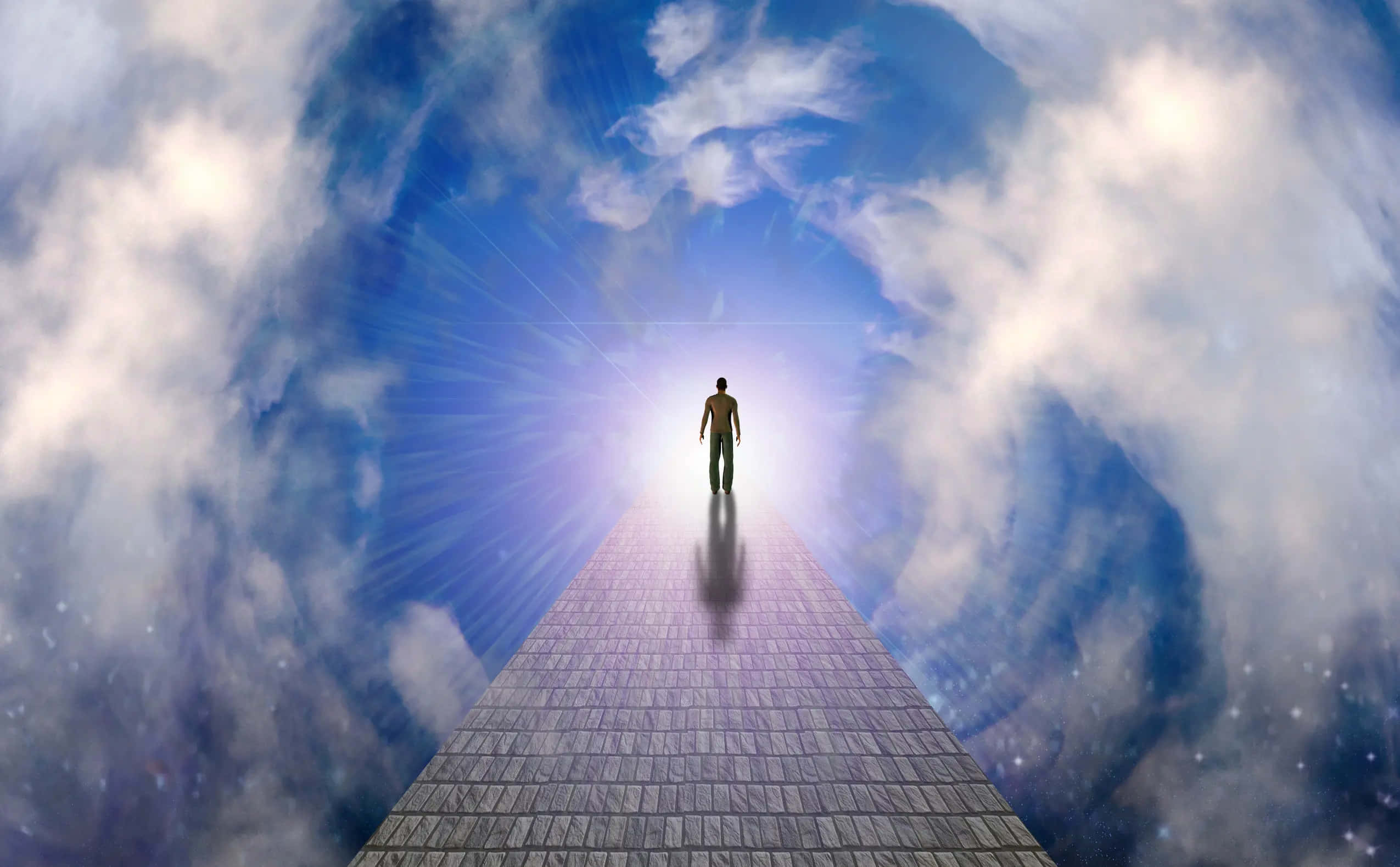 Dreaming 桌布 壁紙 — 一個孤獨的身影沿著石徑穿過雲層，走向上方耀眼的藍光。