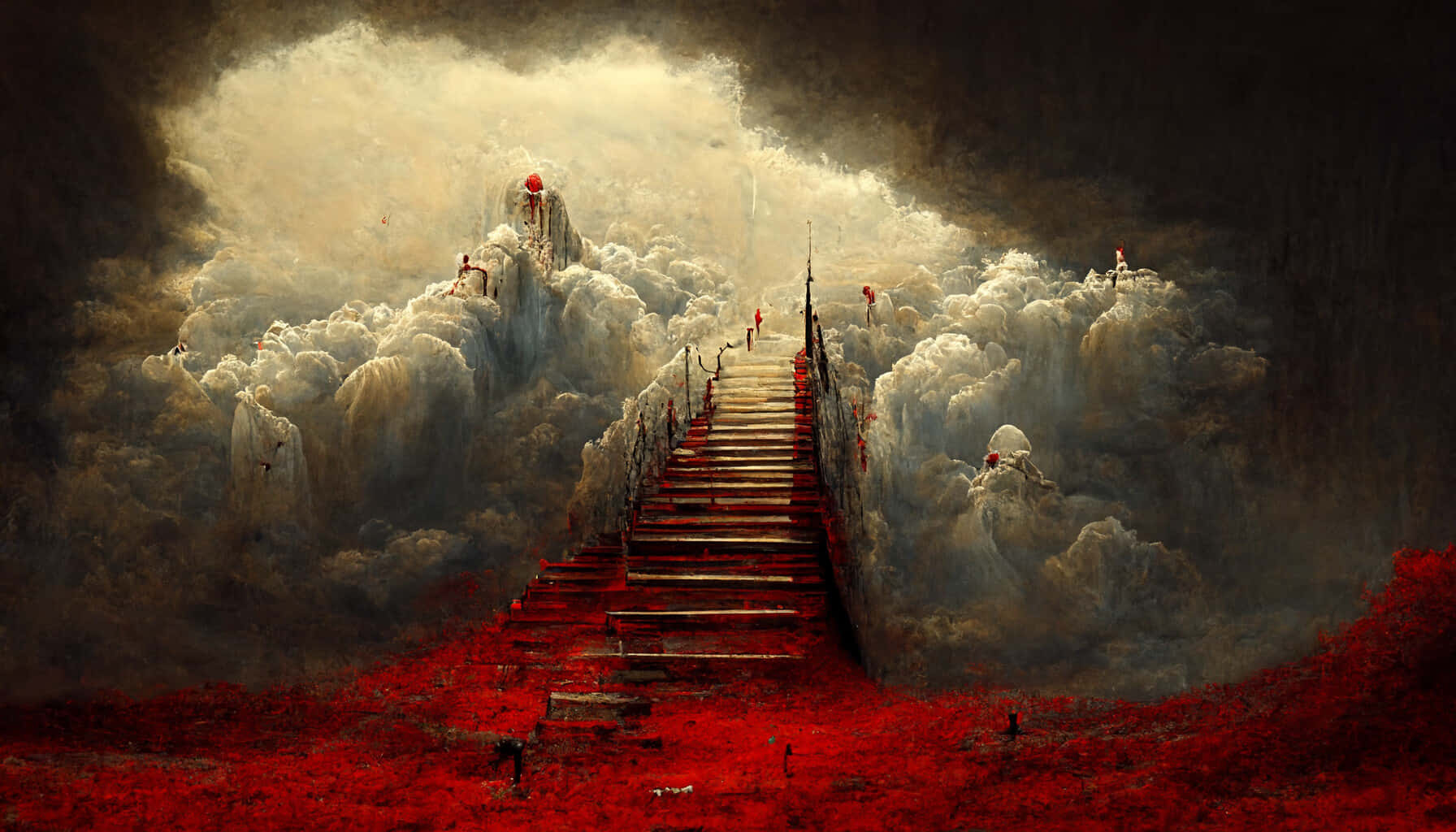 Stairway To Heaven 桌布 壁紙 — 一個孤獨的身影沿著血紅色的樓梯穿過暴風雲層，走向遠處發光的山峰。