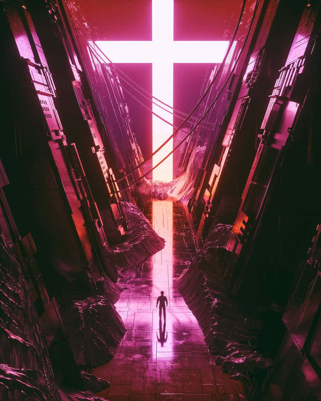 Cute Cross 桌布 壁紙 — 一個孤獨的身影沿著霓虹燈照亮的小巷，走向未來都市峽谷盡頭一個發光的十字架。