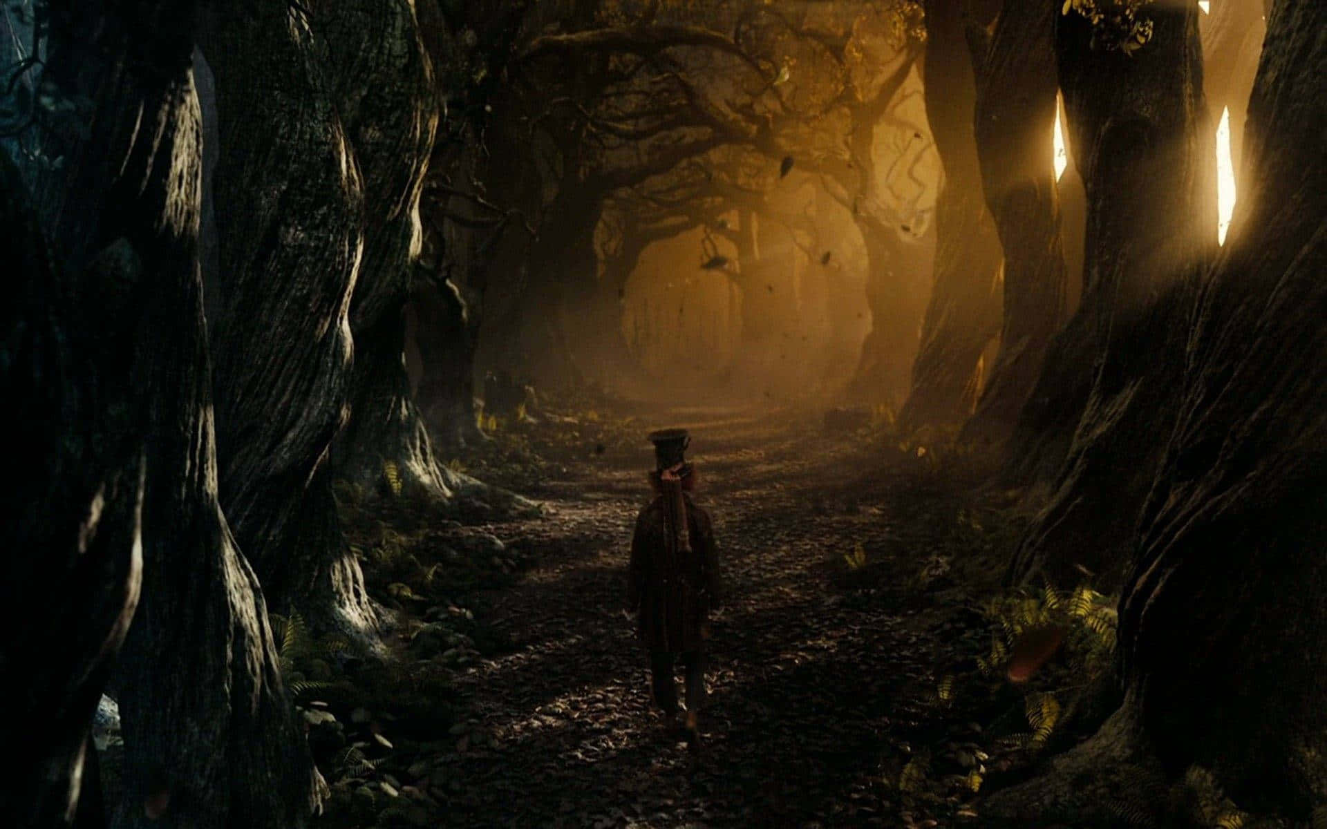 Alice Wonderland Aesthetic 桌布 壁紙 — 一個孤獨的身影沿著霧氣瀰漫的森林小徑行走，兩旁是高聳的古樹，金色的光線穿過樹冠灑落下來。