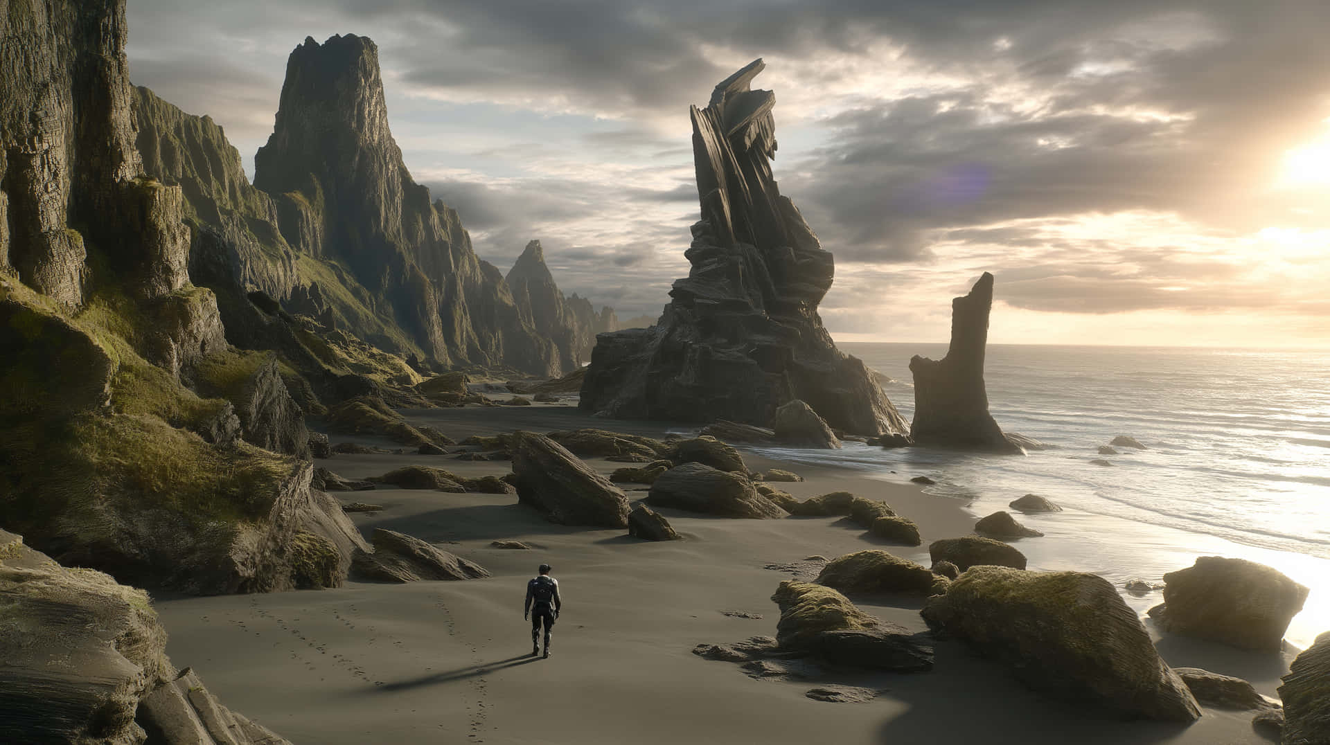 Dramatic Black Sand Beach with Towering Rock Formations 壁紙 — 一個孤獨的身影沿著霧氣瀰漫的海岸沙灘，走向在戲劇性多雲天空下高聳的鋸齒狀岩層。