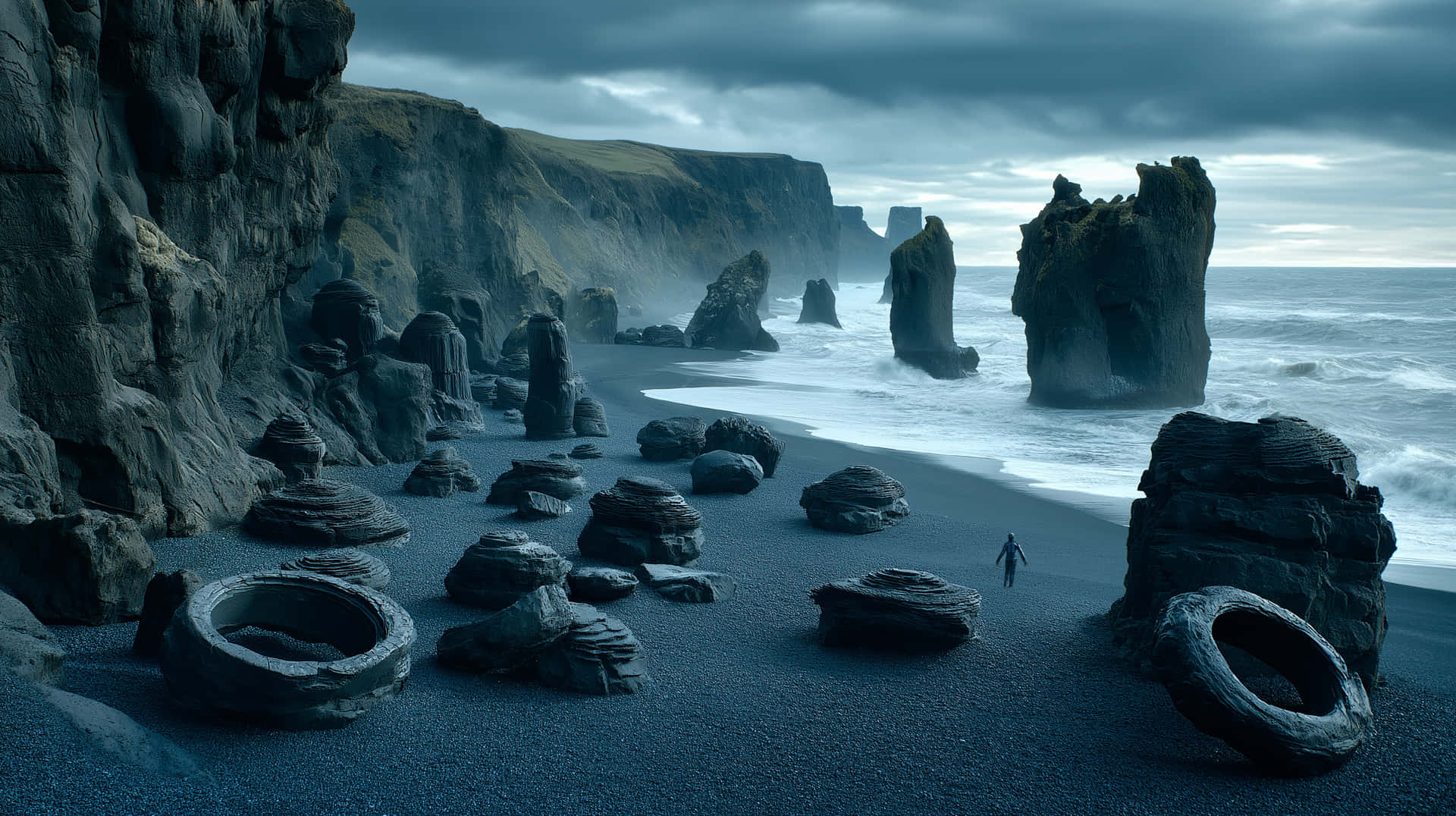 Dramatic Black Sand Beach with Unique Rock Formations 壁紙 — 一個孤獨的身影沿著黑暗的火山海灘行走，海灘上散佈著古老的石柱和風化的輪胎狀環，天空風暴密佈。