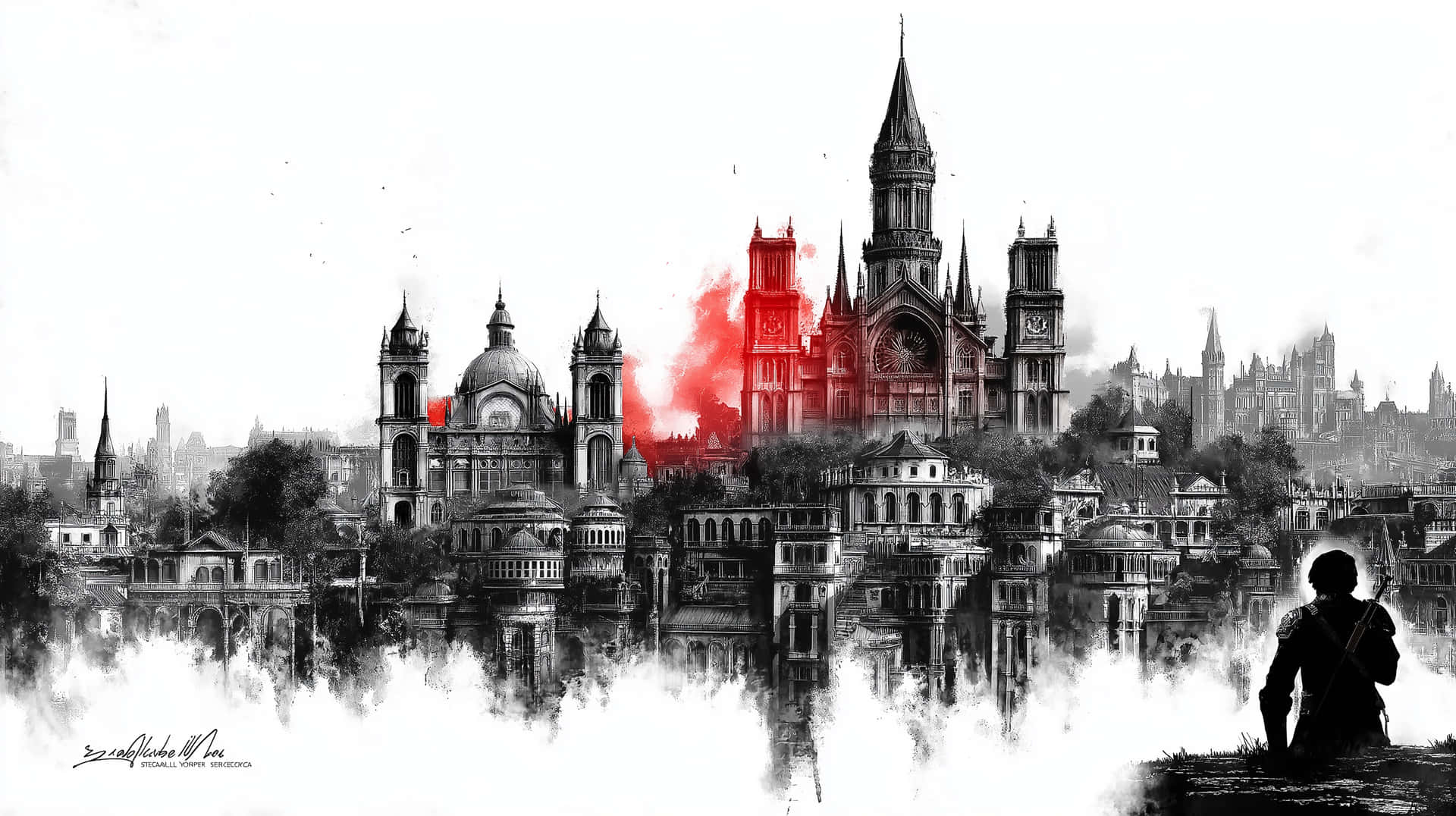 Fantasy Cityscape: Solitary Figure and Distant Metropolis 壁紙 — 一個孤獨的身影注視著單色城市景觀，其中一座大教堂在反光的水面上噴發出鮮紅色的煙霧。