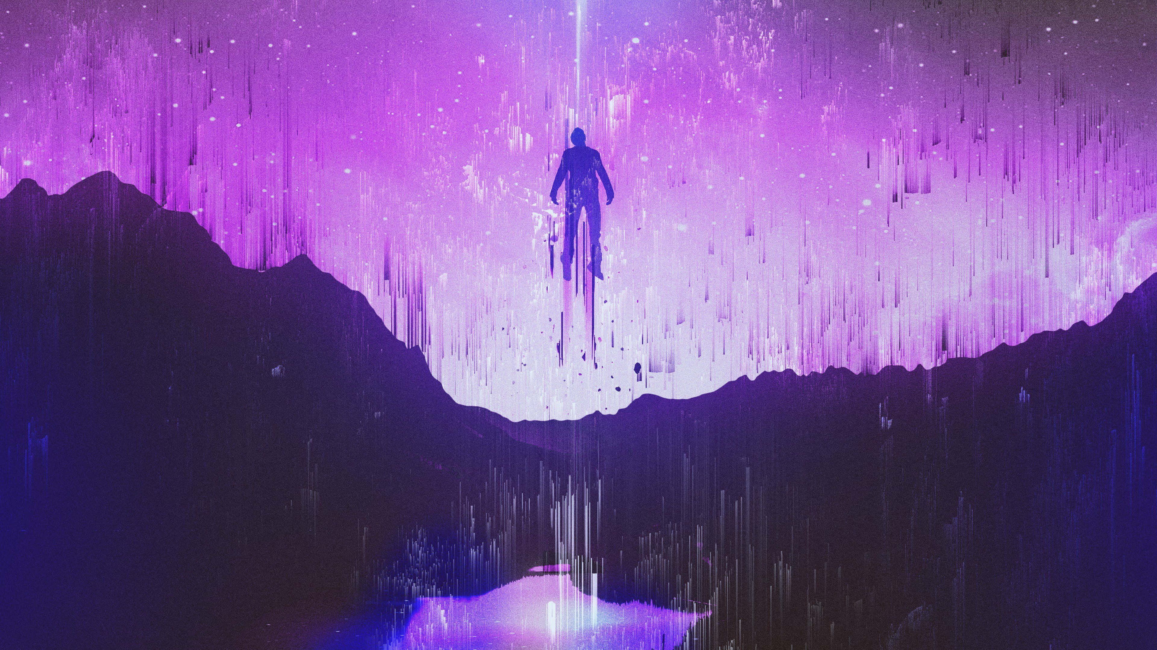dreams 桌布 壁紙 — 一個孤獨的身影漂浮在紫色星空瀑布之下，上方是倒映在水中的黑暗山脈。