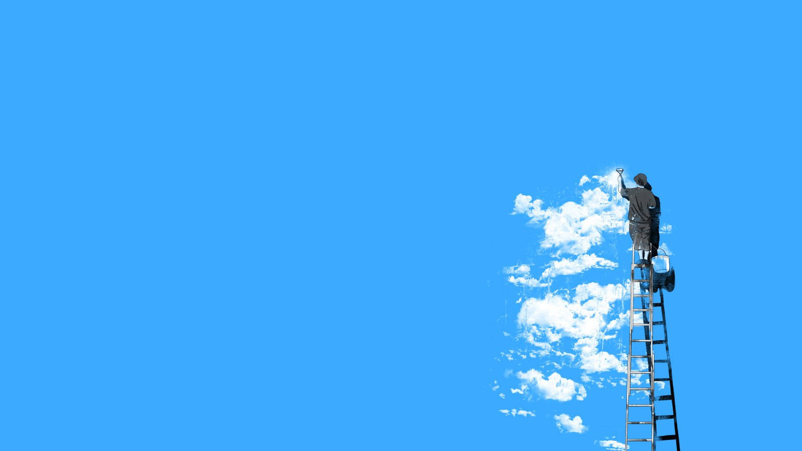 Painting Desktop 桌布 壁紙 — 一個孤獨的身影爬上梯子，在鮮豔的藍天下用畫筆畫出蓬鬆的白雲。