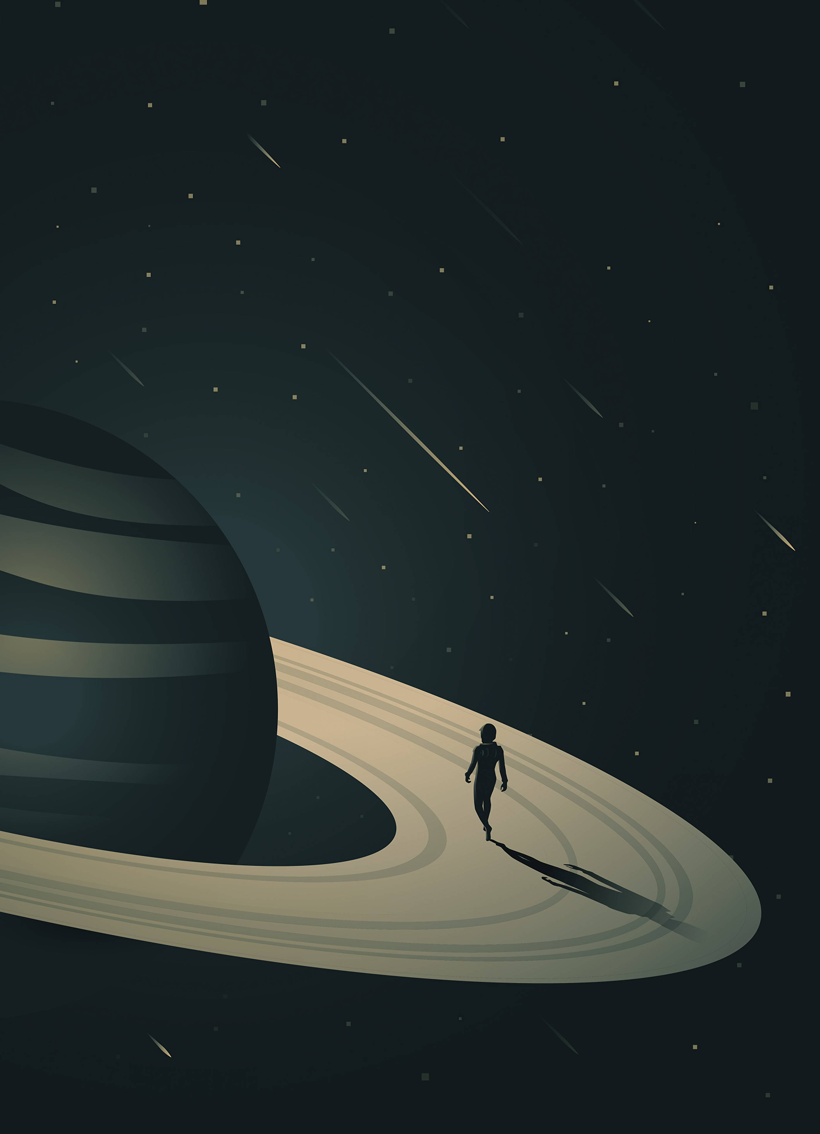 土星 桌布 壁紙 — 一個孤獨的身影獨自走在巨大行星的環上，背景是繁星點點的夜空和流星。