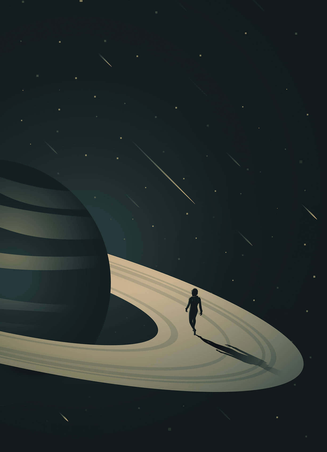 Minimalist Space 桌布 壁紙 — 一個孤獨的身影獨自走在巨大行星的環上，背景是流星劃過的星空夜空。