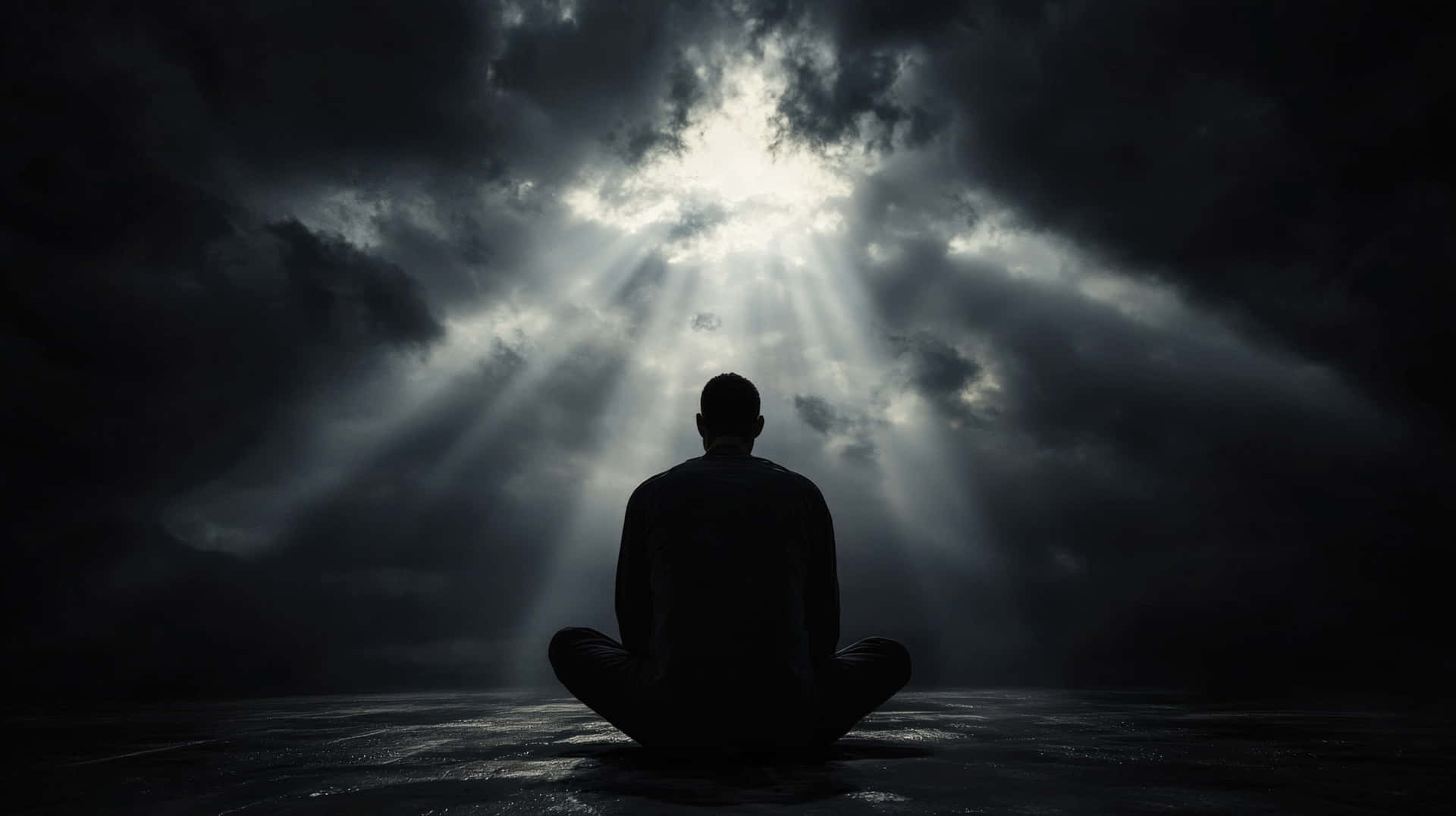 A lone figure sits in deep meditation under a dark, stormy sky with dramatic light rays 壁紙 — 一個孤獨的身影盤腿而坐，在穿透黑暗暴風雲的戲劇性光線下形成剪影。