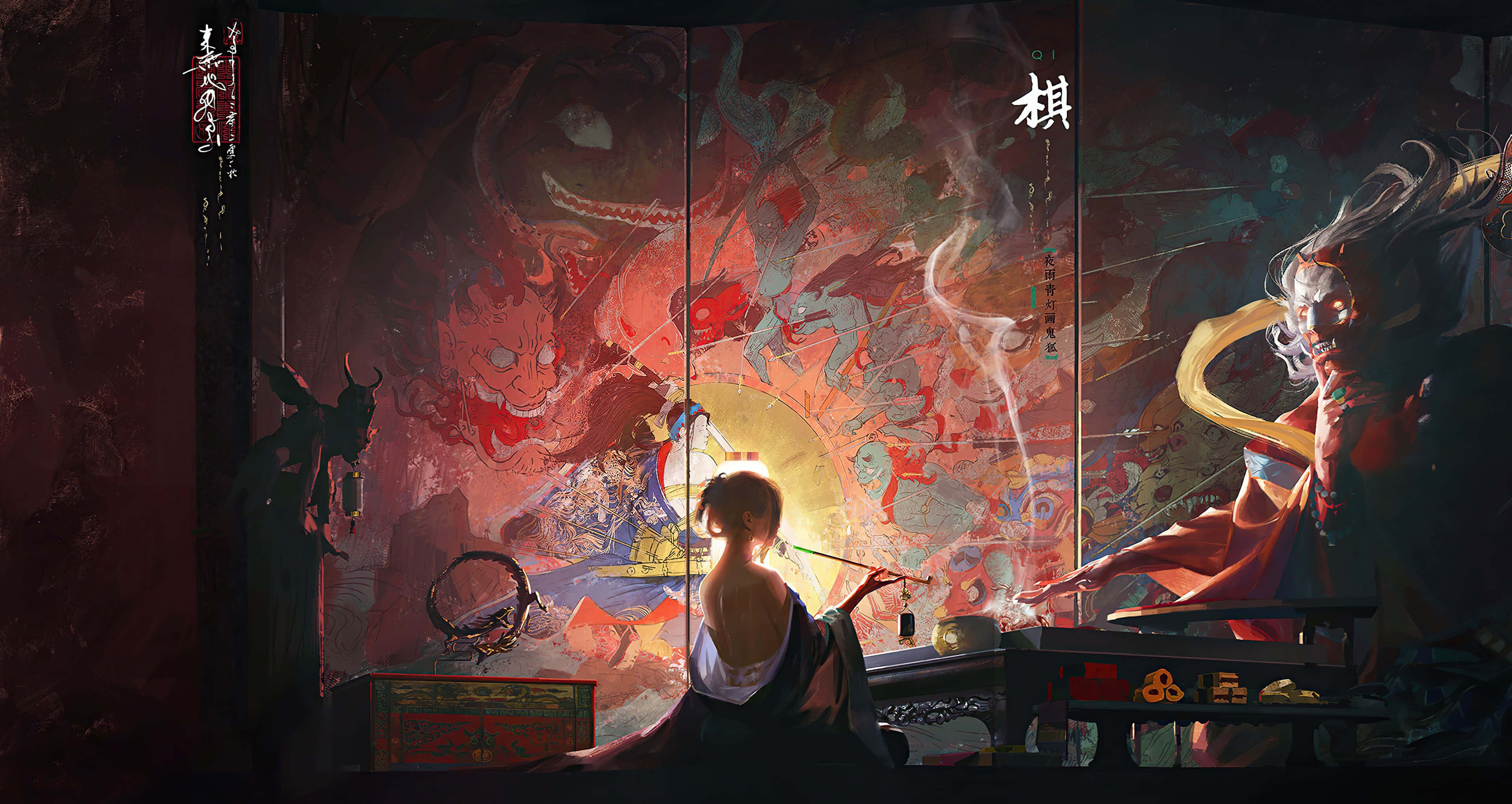Yokai 桌布 壁紙 — 一個孤獨的身影穿著傳統長袍，坐在一個黑暗神秘的房間裡，面前是一個充滿活力的螢幕，描繪著惡魔般的身影和旋轉的能量。