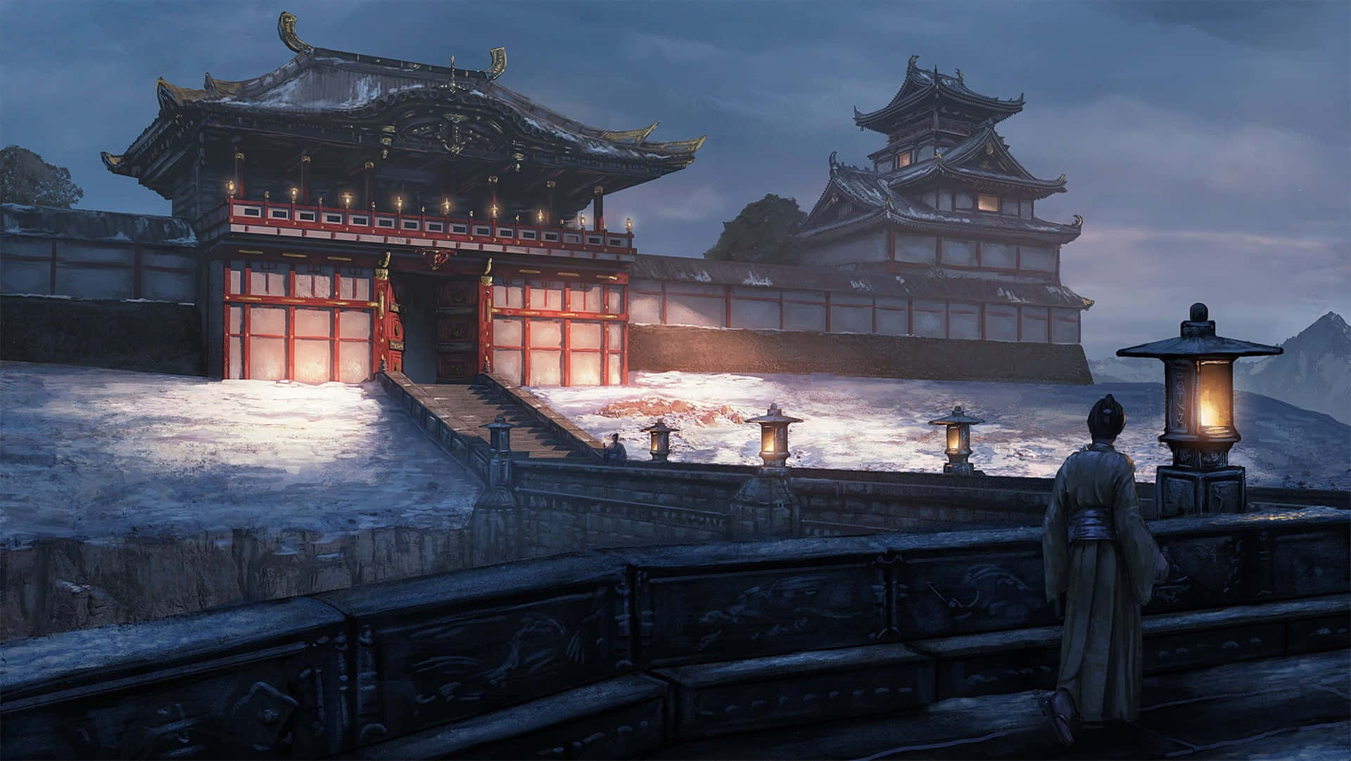 Feudal Japan 桌布 壁紙 — 一個孤獨的身影穿著傳統長袍，站在被雪覆蓋的日本城堡門前，在暮色天空下被溫暖的燈籠照亮。
