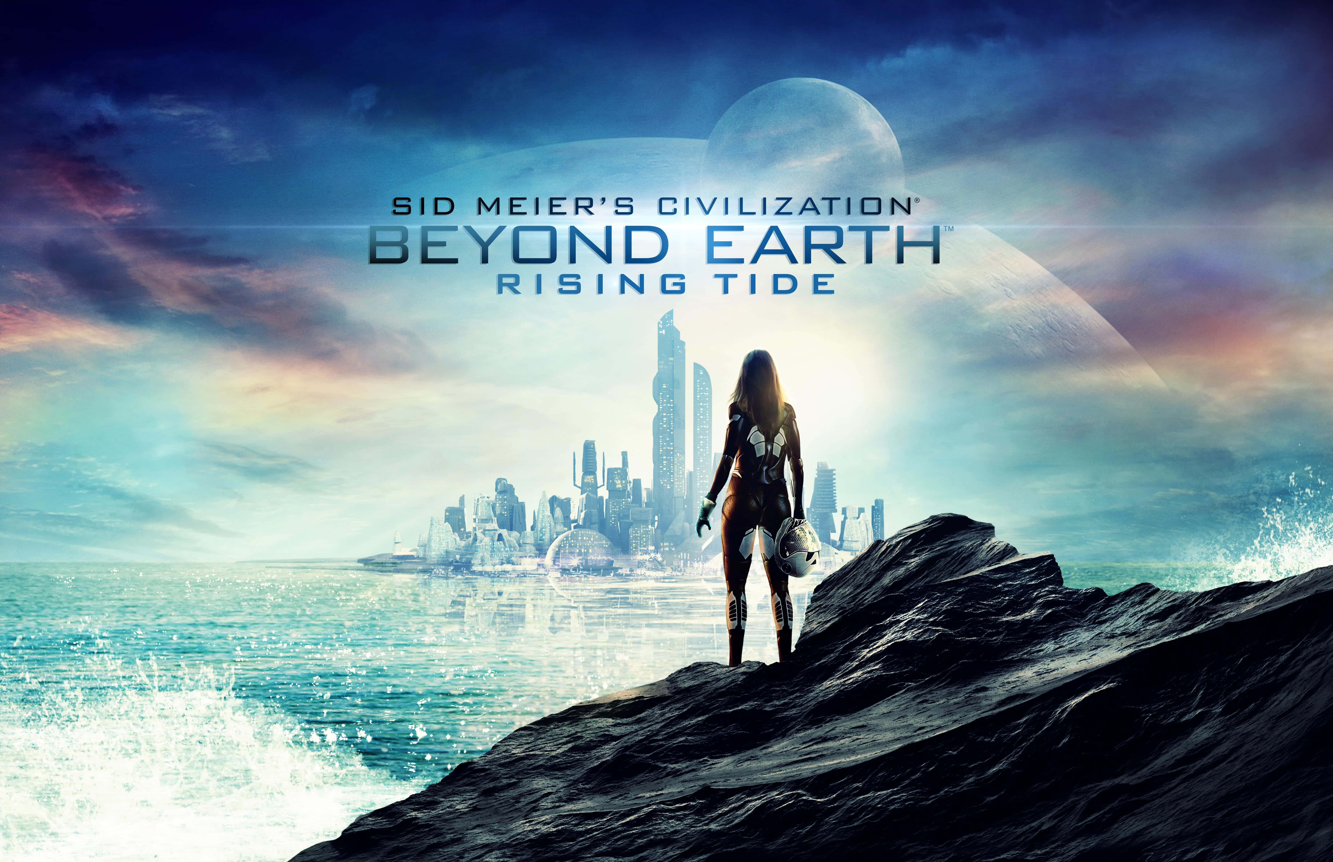Civilization Beyond Earth 桌布 壁紙 — 一個孤獨的身影穿著未來風格的盔甲，站在岩石海岸上，凝視著暮色天空下閃耀的外星城市，天空中有一輪巨大的月亮。