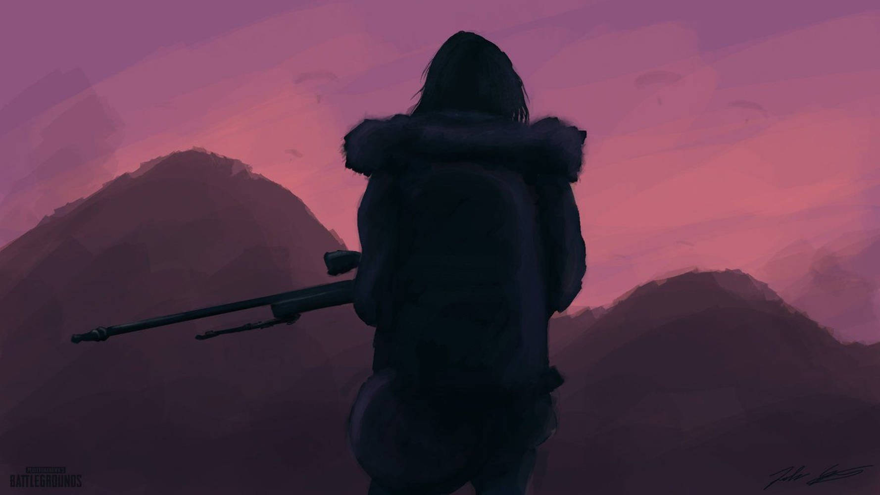 artwork 桌布 壁紙 — 一個孤獨的身影穿著毛領外套，在鮮豔的粉紅和紫色山景日落中持步槍形成剪影。