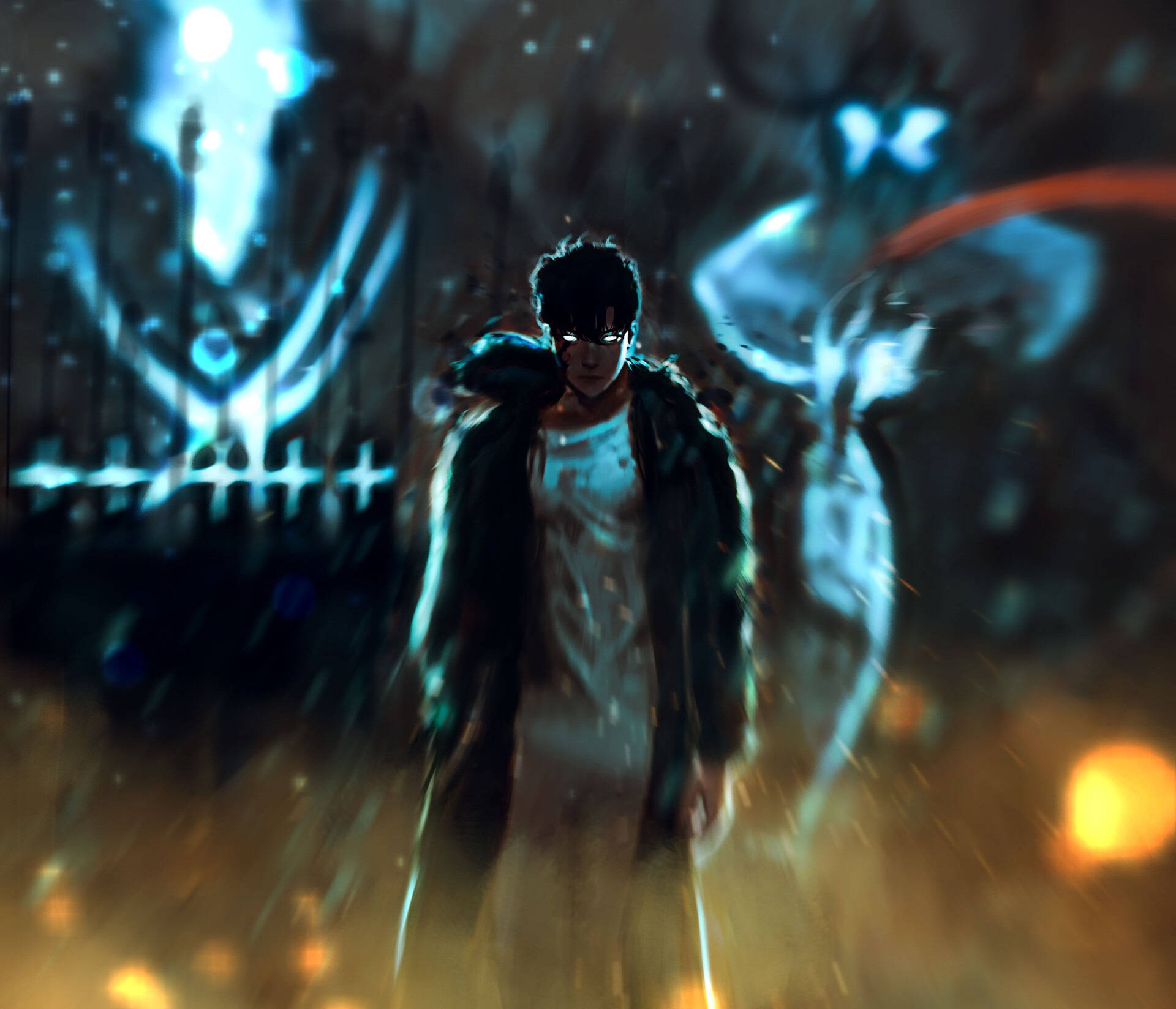 Solo Leveling 4K 桌布 壁紙 — 一個孤獨的身影穿著深色外套，在暴風雨般、發光的城市夜晚中，帶著幽靈般的藍光和熾熱的橙色火花盤旋四周，挑釁地站立著。