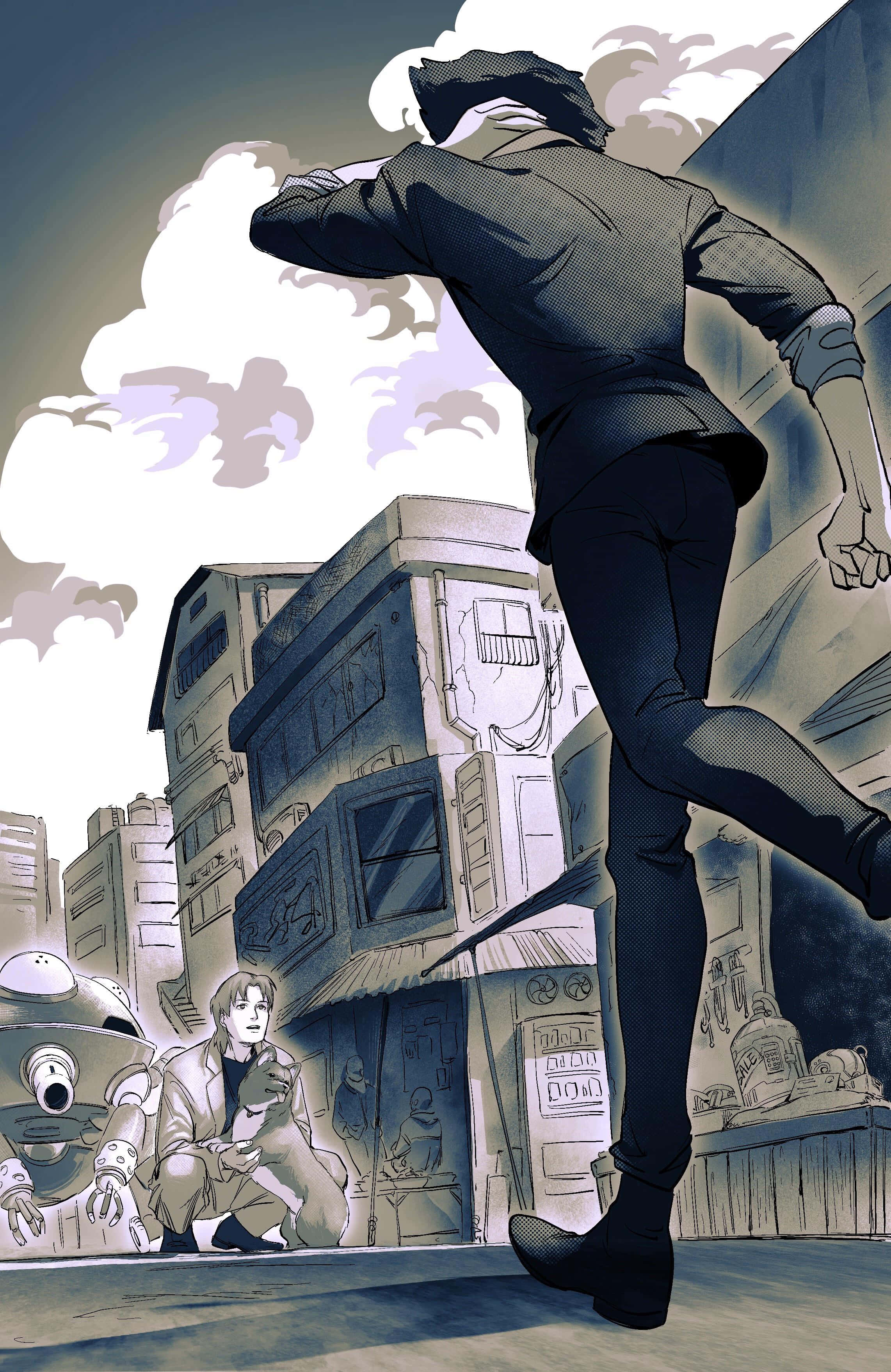 Ghost In The Shell Togusa 桌布 壁紙 — 一個孤獨的身影穿著深色西裝，動態地跳過一條骯髒的城市小巷，而一個機器人和一個蹲下的男人在下面觀看。