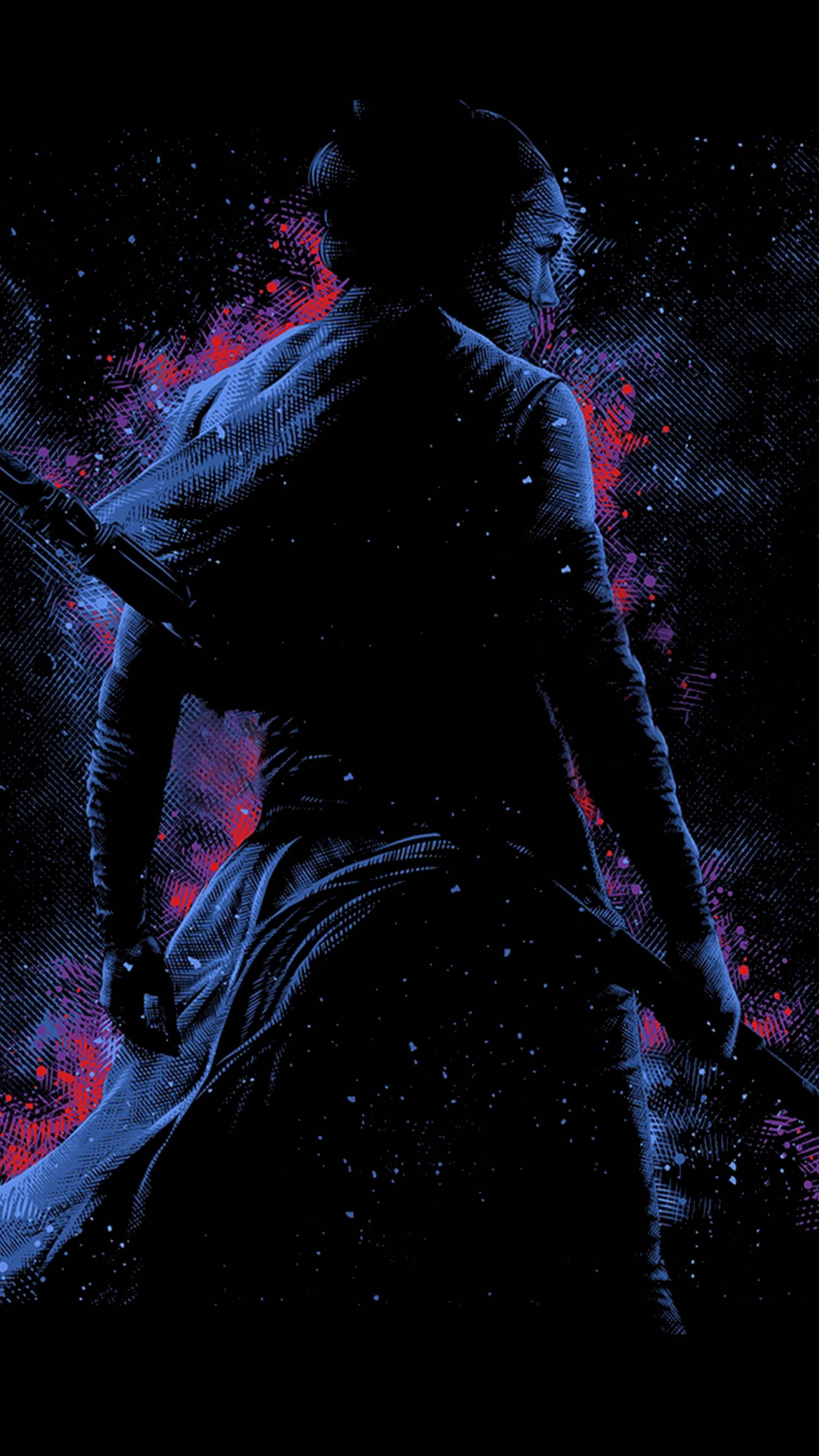 star wars iPhone 6 plus 桌布 壁紙 — 一個孤獨的身影穿著深色長袍，站在藍色和紅色星爆及斑點太空的宇宙背景前。