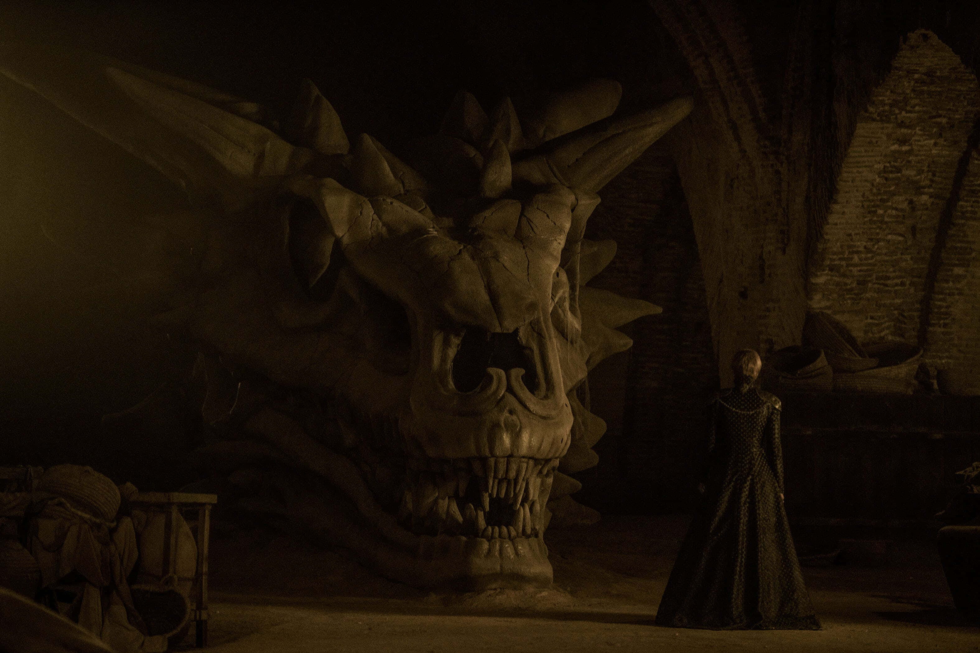 Dragons 桌布 壁紙 — 一個孤獨的身影穿著深色長袍，站在一個光線昏暗的石室中，面對著一個巨大的龍頭骨。