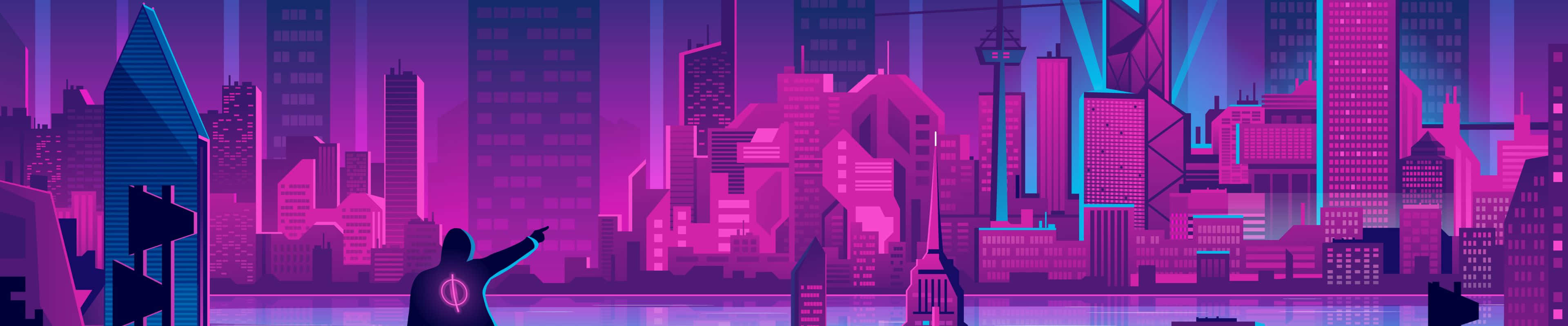 3840x800 桌布 壁紙 — 一個孤獨的身影穿著發光的連帽衫，指向一個沐浴在充滿活力的紫色和藍色霓虹燈光中的未來主義城市景觀。
