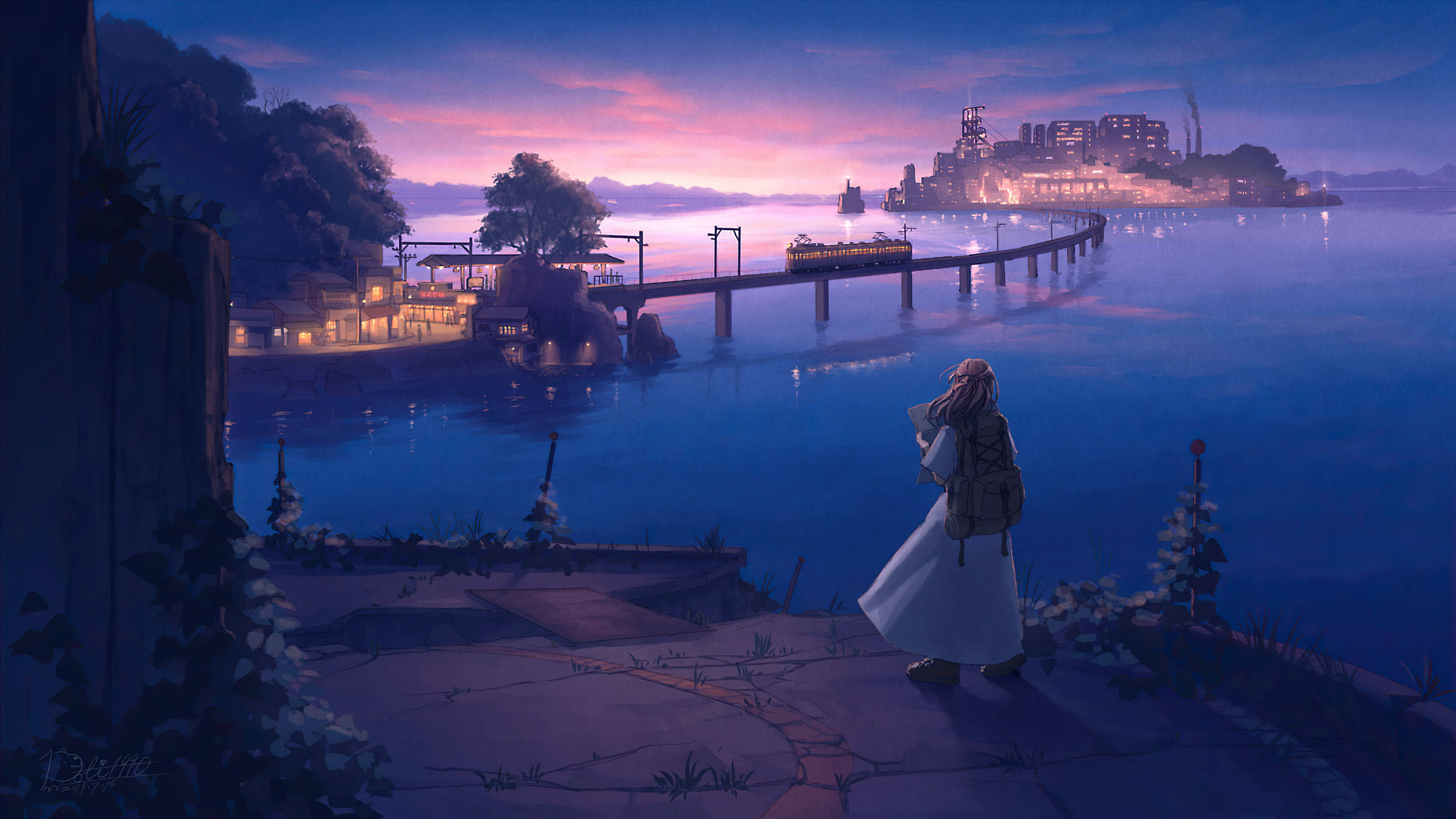 Love Alone 桌布 壁紙 — 一個孤獨的身影穿著白色連衣裙，在暮色中站在石碼頭上，凝視著水對岸閃爍的城市景觀。