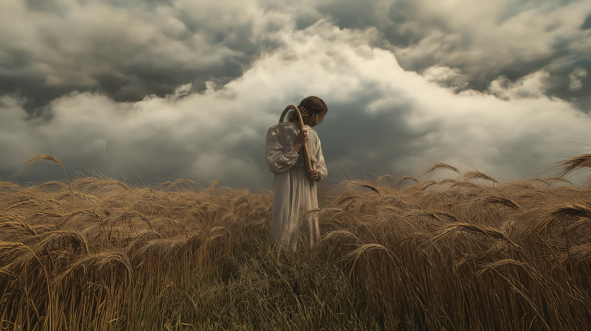 Solitary Figure with Staff in Wheat Field Under Dark Clouds 壁紙 — 一個孤獨的身影穿著白色長袍，站在金色的麥田中，頭頂是戲劇性的多雲天空，手持彎曲的杖。