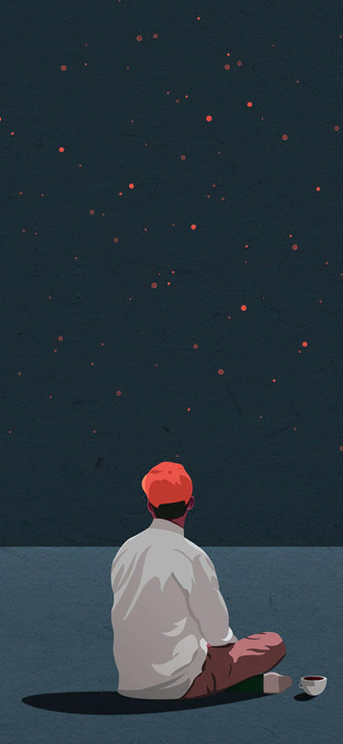 Stars 桌布 壁紙 — 一個孤獨的身影穿著白襯衫，盤腿坐在黑暗的地板上，仰望點綴著發光紅色星星的星空。