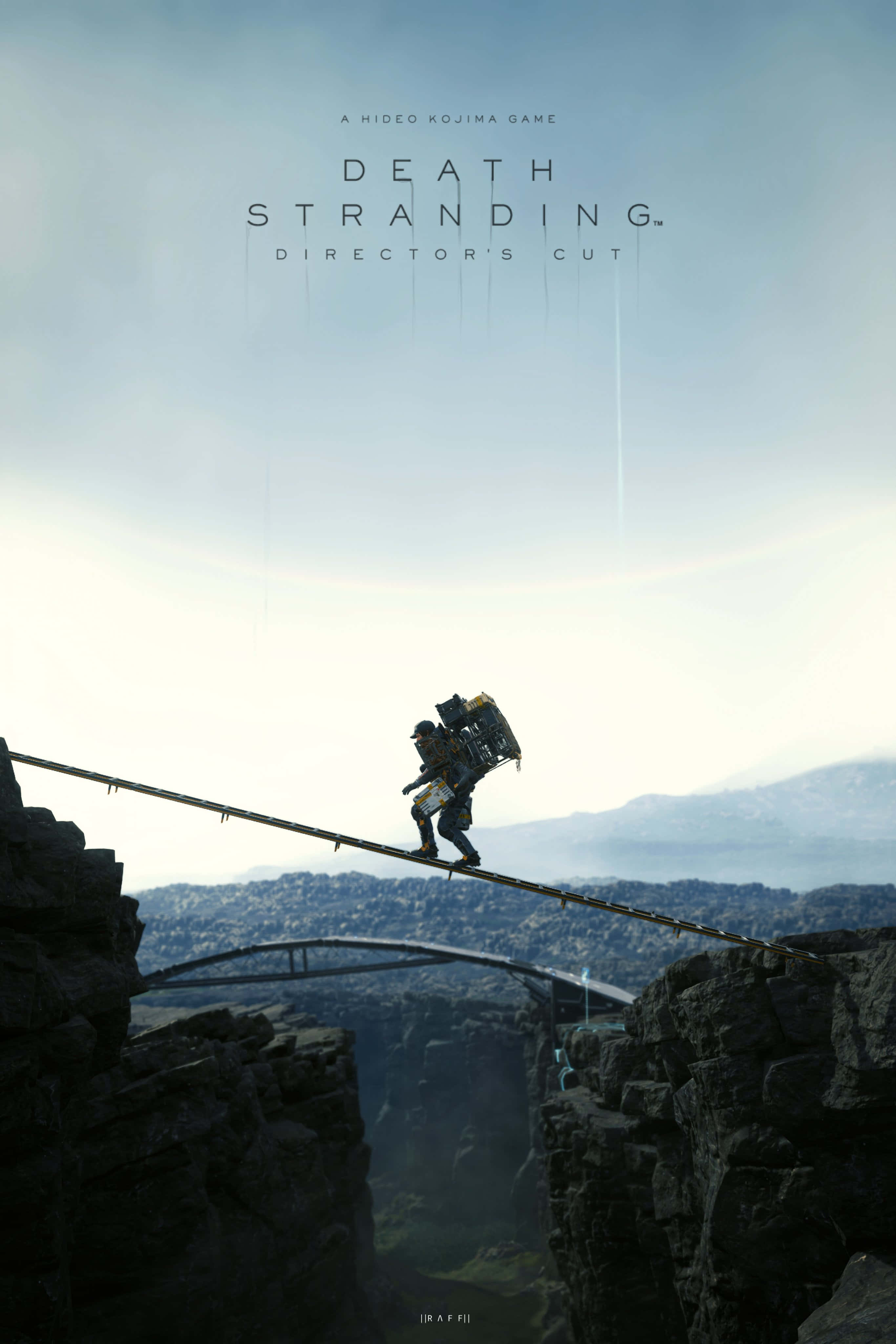 Death Stranding Mobile 桌布 壁紙 — 一個孤獨的身影穿著笨重的套裝，走在一條橫跨深峽谷的危險繩橋上，下方遠處的城市在朦朧的天空下。