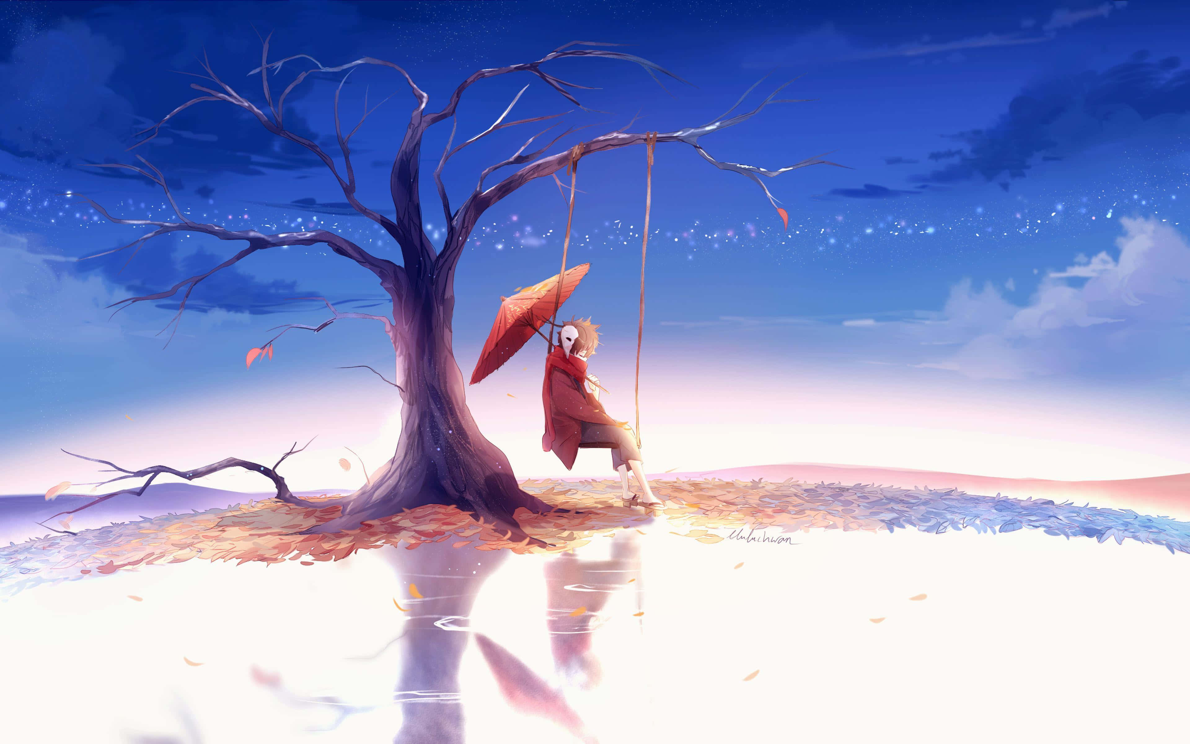 Beautiful Sad Anime 桌布 壁紙 — 一個孤獨的身影穿著紅色外套，坐在一棵光禿禿的樹下的鞦韆上，在落葉飄零的暮色天空中撐著一把橙色雨傘。