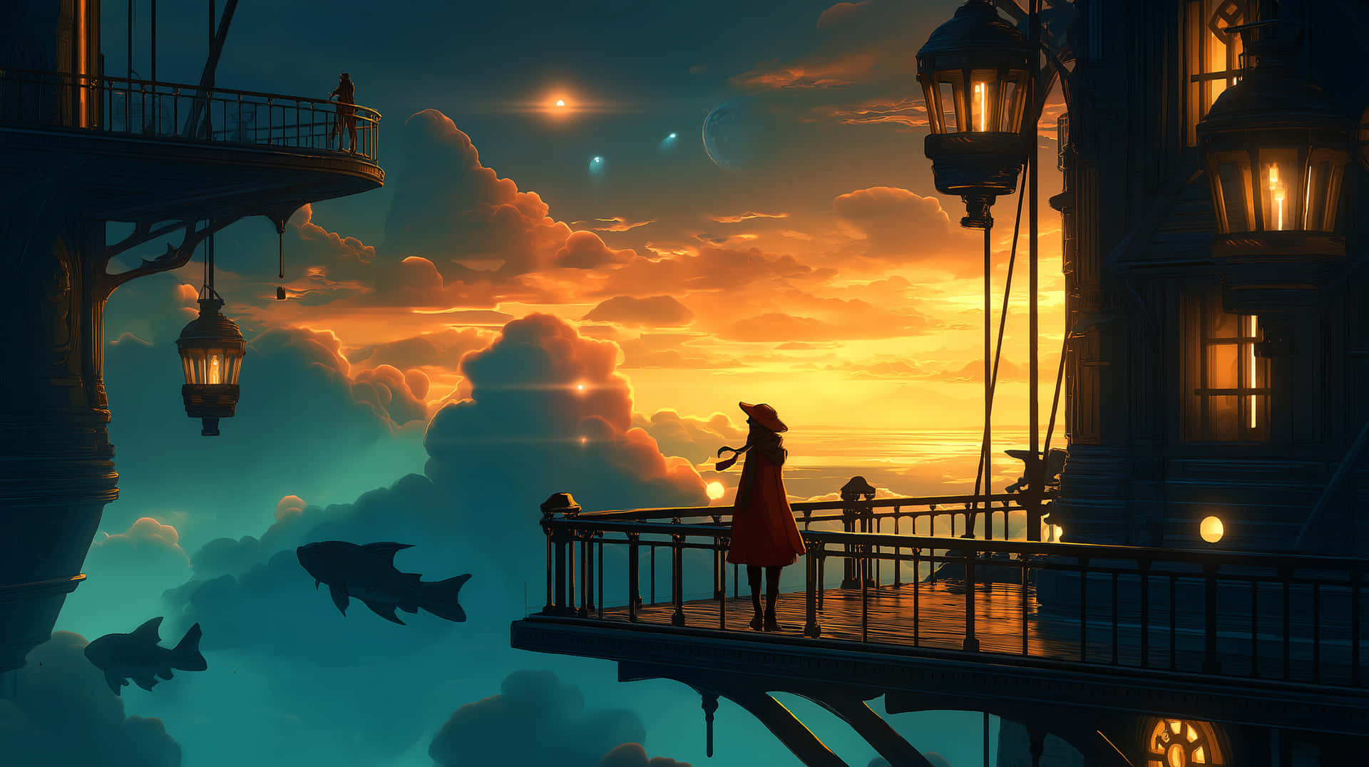 Figure on Balcony Overlooking Sky with Floating Fish Creatures 壁紙 — 一個孤獨的身影穿著紅色外套，站在漂浮的木製陽台上，夕陽西下，周圍是發光的燈籠和下面游動的魚。