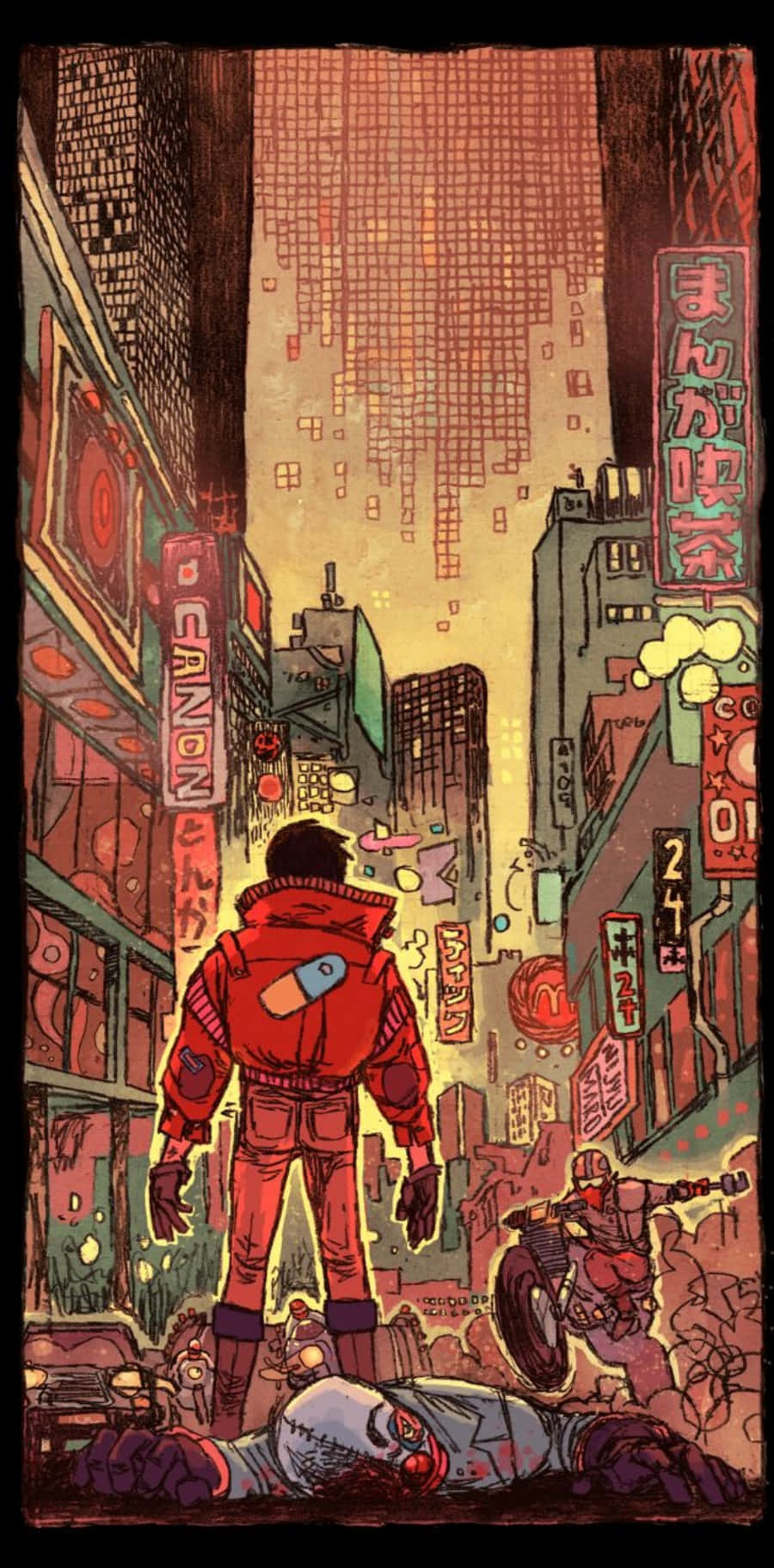 動漫 桌布 壁紙 — 一個孤獨的身影穿著紅色外套，站在充滿霓虹燈的賽博朋克小巷中，一名摩托車騎士疾馳而過。